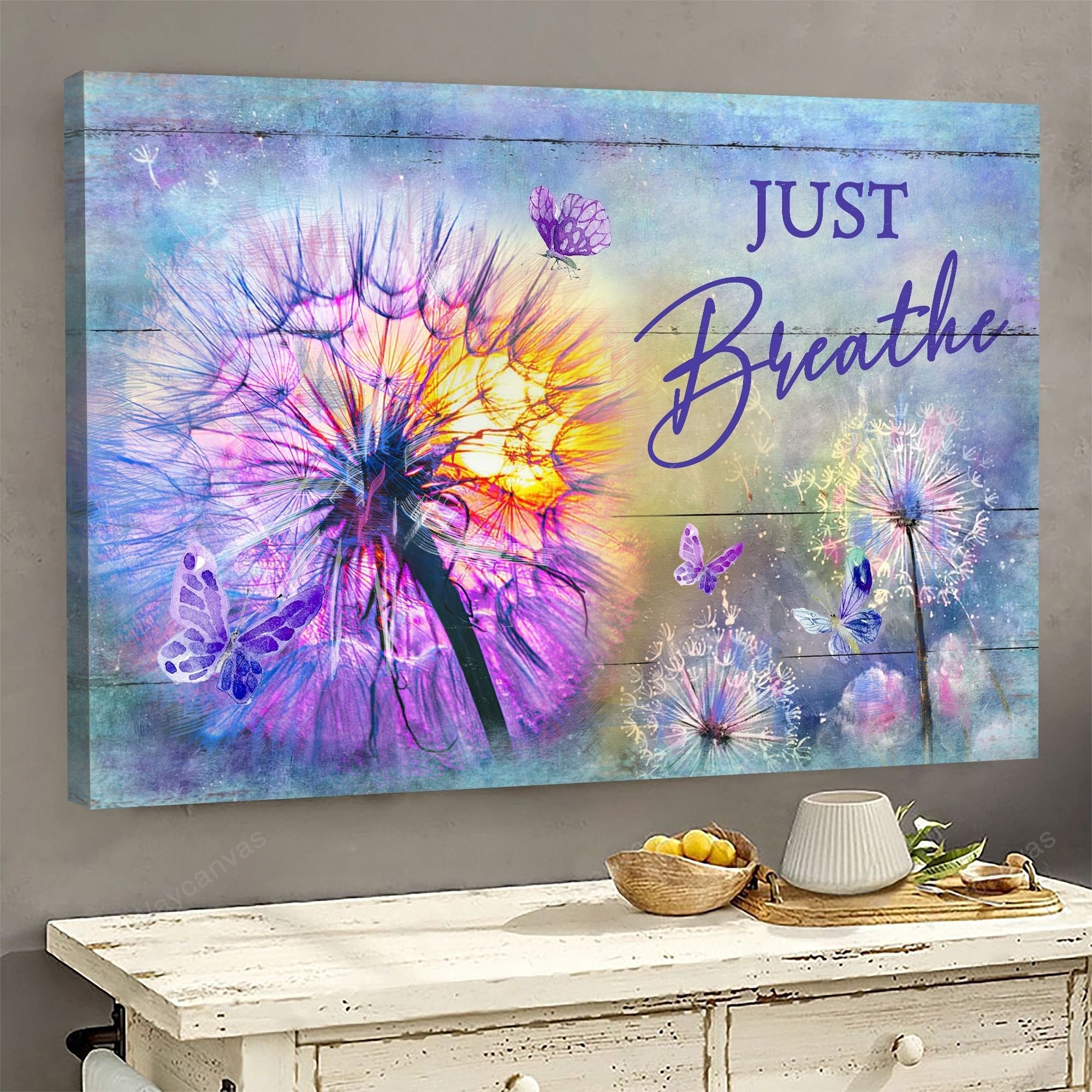 Colorful dandelion, Purple butterfly, Just breathe - Jesus Landscape Canvas Prints, Wall Art