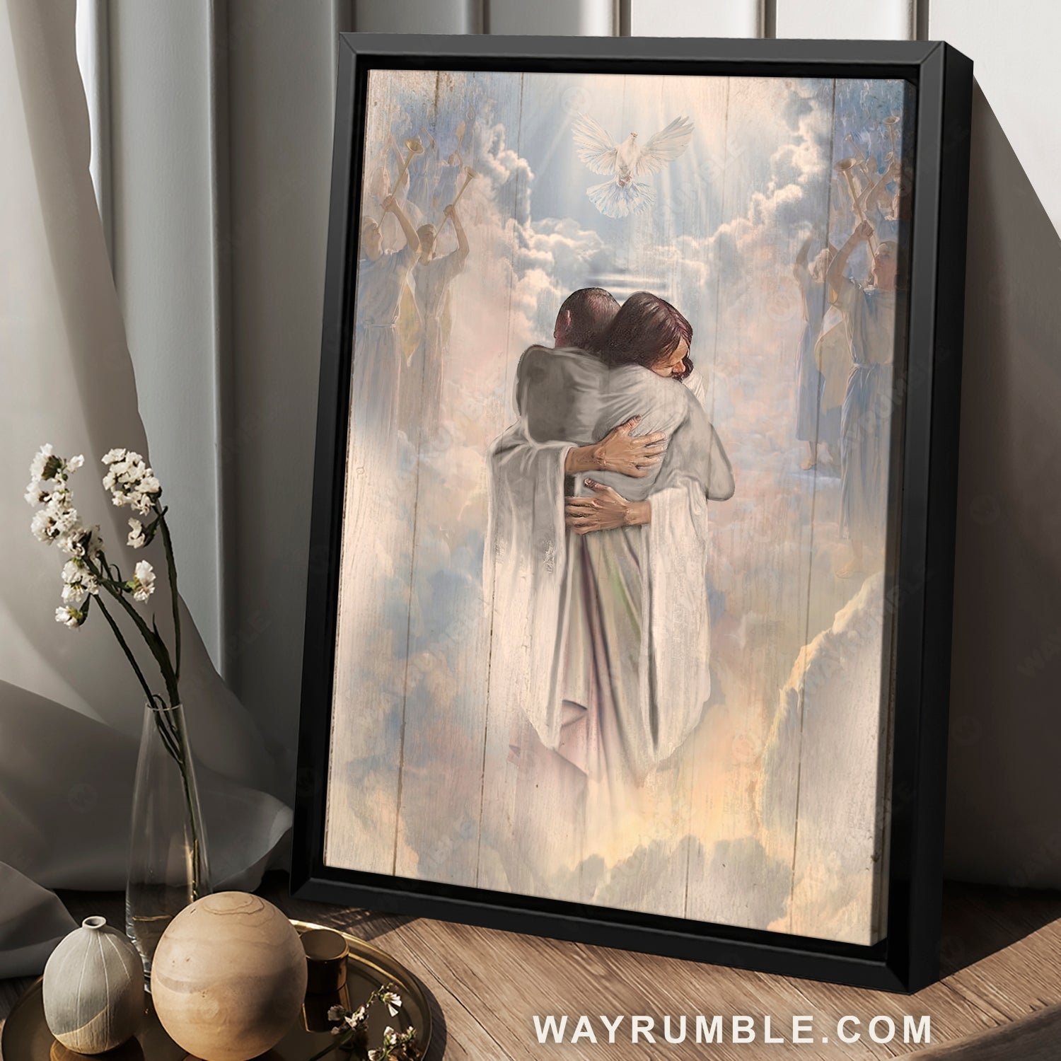 Beautiful heaven, Holy spirit, White dove, Man hugging Jesus in heaven - Jesus Portrait Canvas Prints, Christian Wall Art
