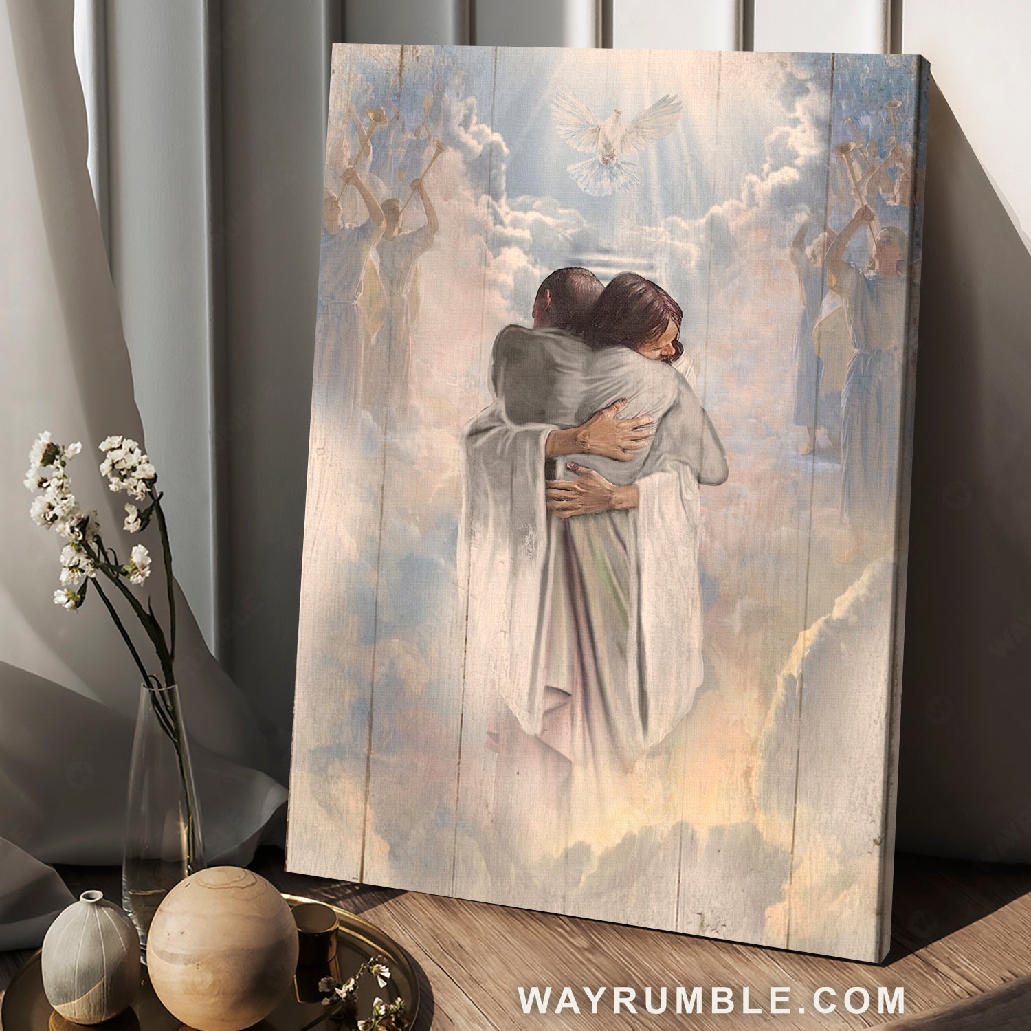 Beautiful heaven, Holy spirit, White dove, Man hugging Jesus in heaven - Jesus Portrait Canvas Prints, Christian Wall Art