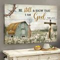 Vintage house painting, Wooden cross, Be still and know that I am God - Jesus Landscape Canvas Prints Wall Art