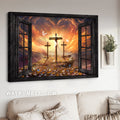 Black window frame, Sunset painting, The three crosses - Jesus Landscape Canvas Prints, Christian Wall Art