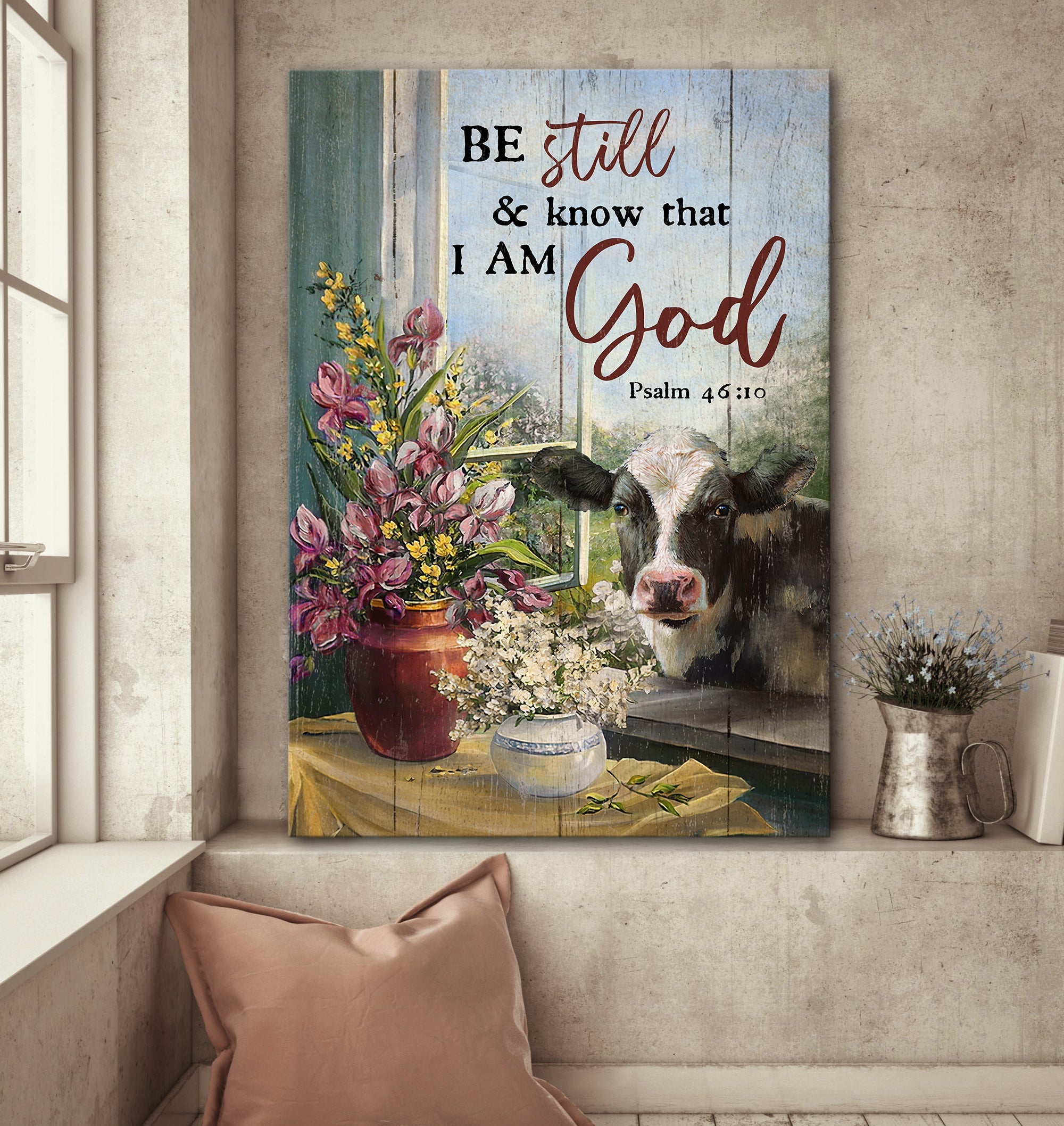 Cow, Flower Vase, By the window, Be still and know that I'm God - Jesus Portrait Canvas Prints, Wall Art