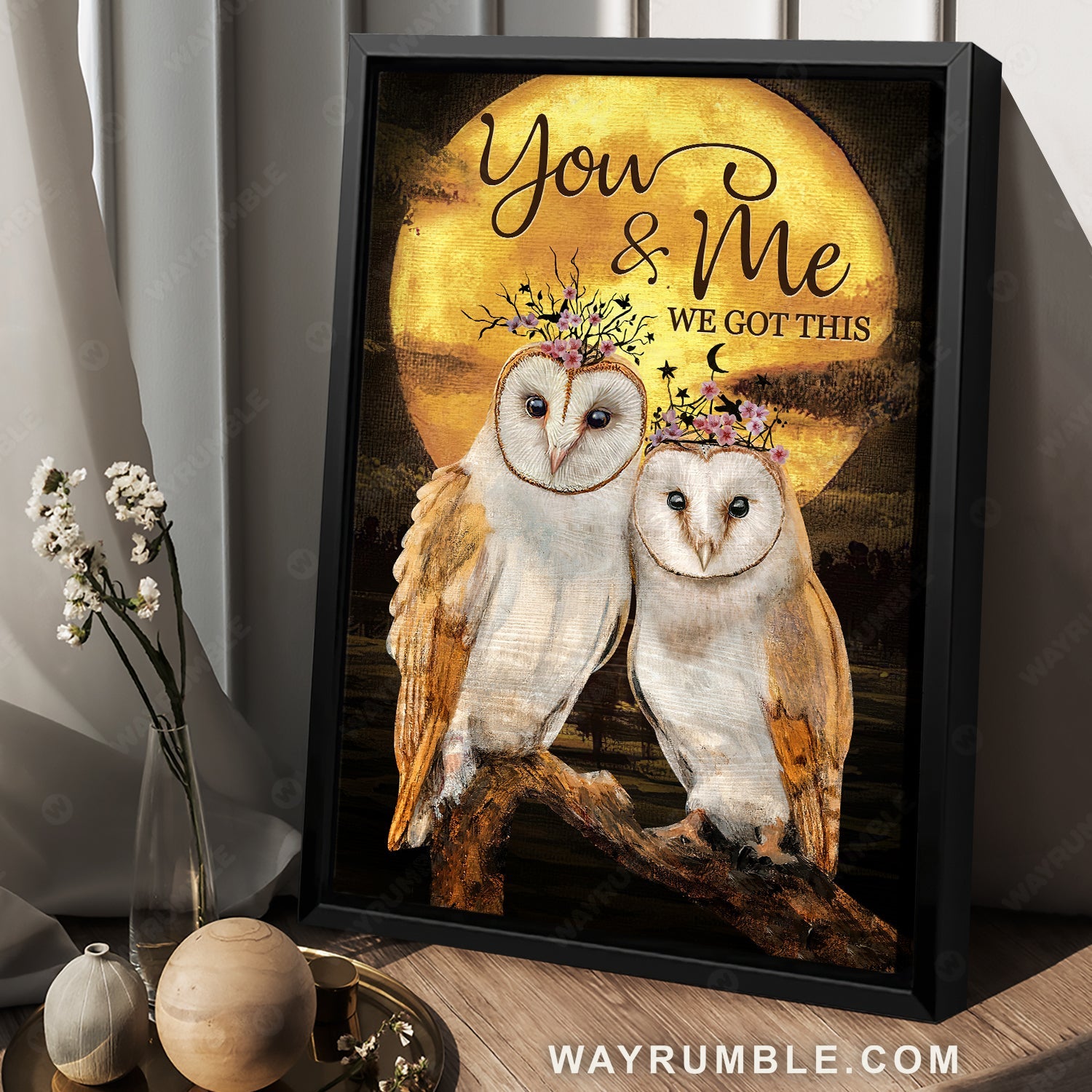 Stunning owl, Big full moon, Flower wreath, You and me, We got this - Couple Portrait Canvas Prints, Home Decor Wall Art
