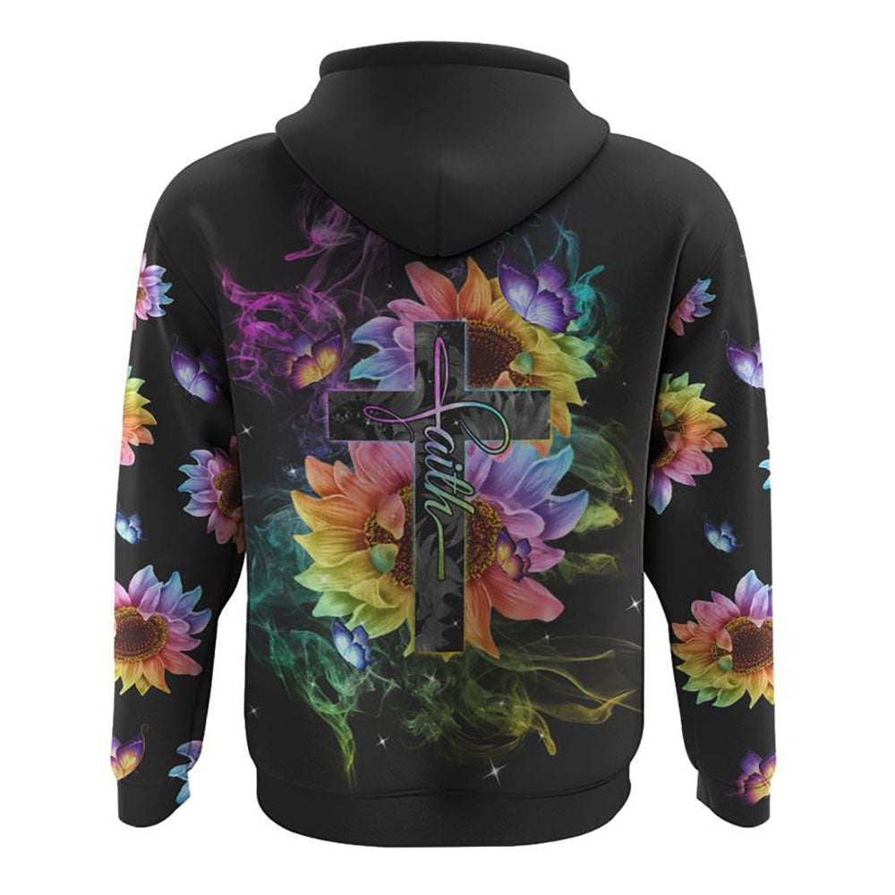 Faith Sunflower Flag Rainbow Smoke Butterfly All Over Print 3D Hoodie, Christian Hoodie, Christian Sweatshirt, Bible Verse Shirt
