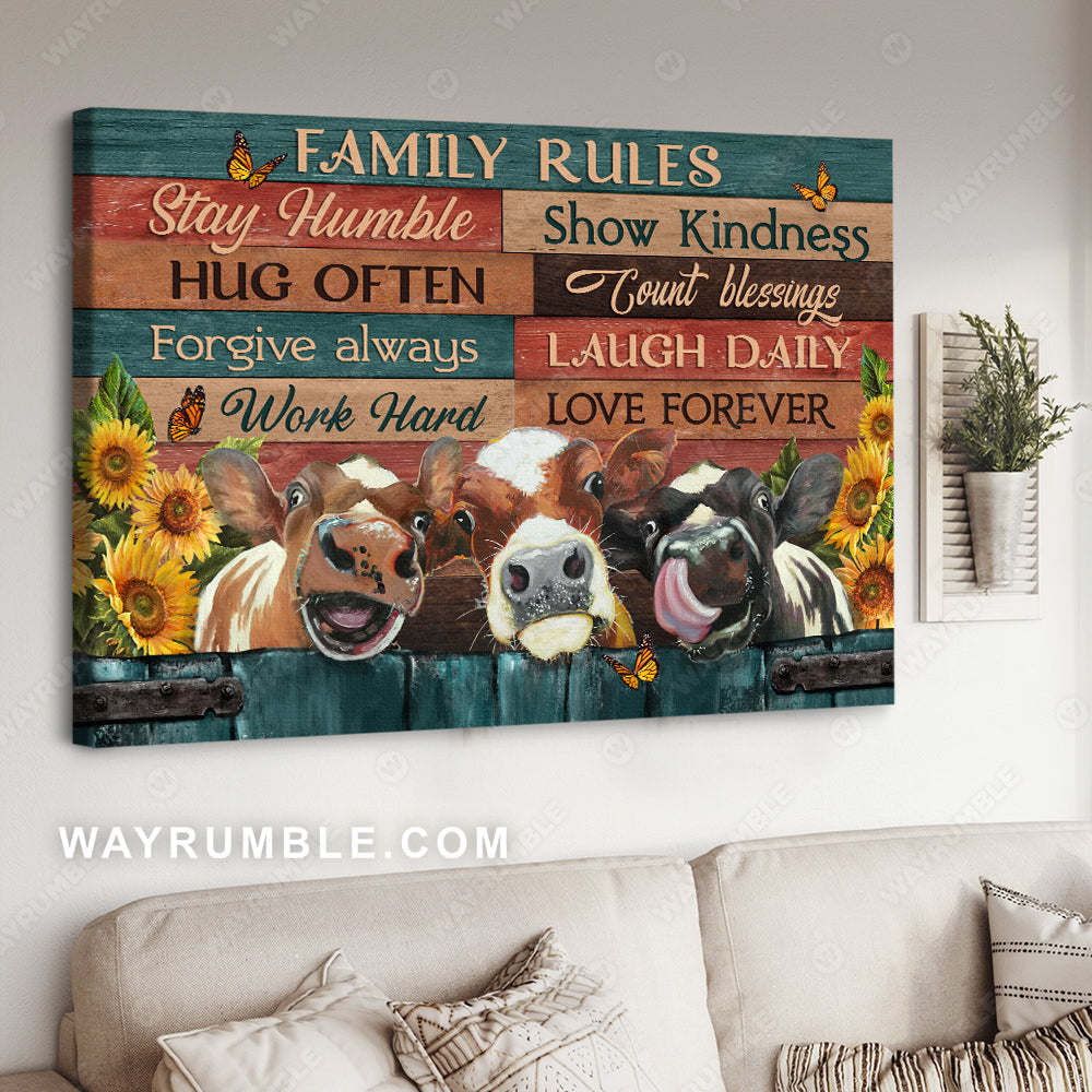 Beautiful diary cow, Sunflower field, Orange butterfly, Family rules - Family Landscape Canvas Prints, Wall Art