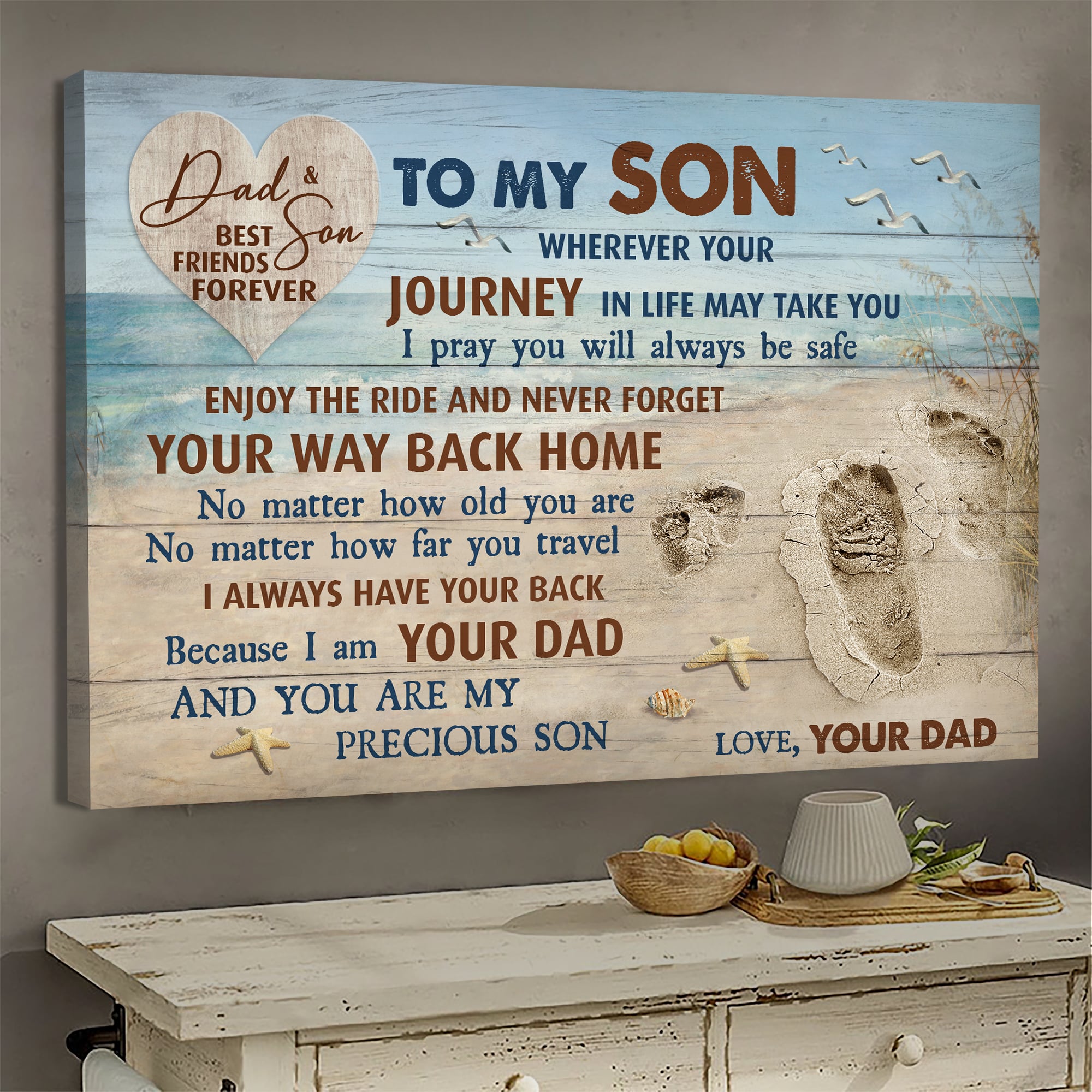 Dad to son, Footprint, Beach - Enjoy the ride and don't forget your way back home Family Landscape Canvas Prints, Wall Art