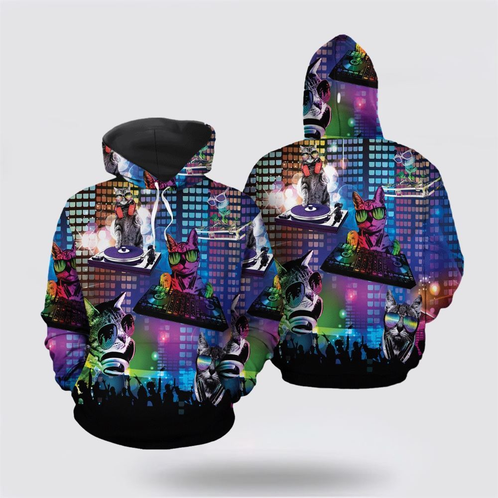 Funny DJ Cat All Over Print 3D Hoodie For Men And Women, Christmas Cat Hoodie, Christmas Hoodie Cute, Christmas Fashion