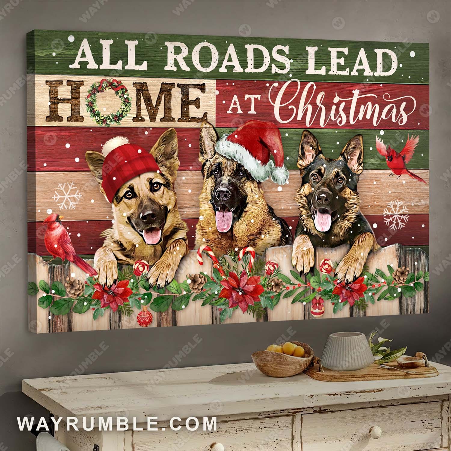 German shepherd dog, Christmas painting, All roads lead home at Christmas - German shepherd Landscape Canvas Prints, Wall Art