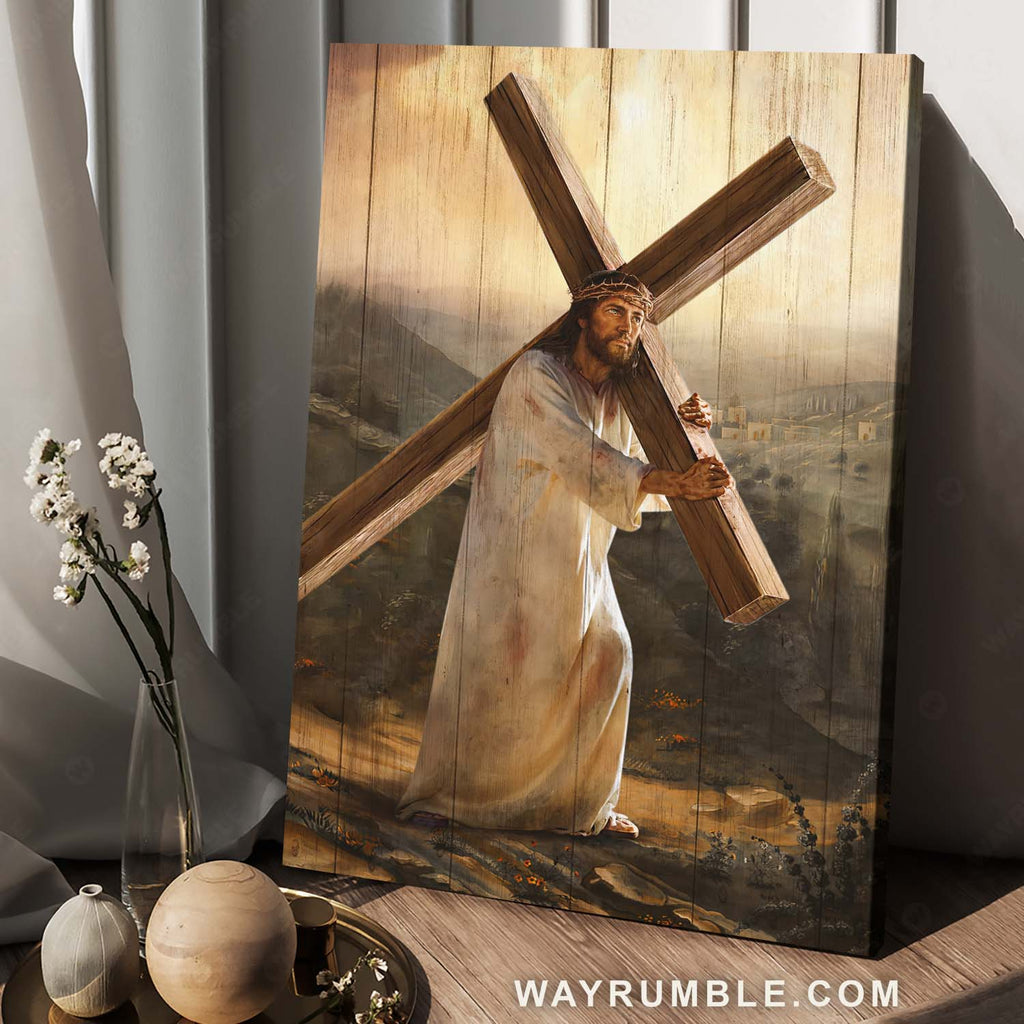 Jesus painting, Wooden cross, Mountain top, Jesus carrying the cross - Jesus Portrait Canvas Prints, Christian Wall Art