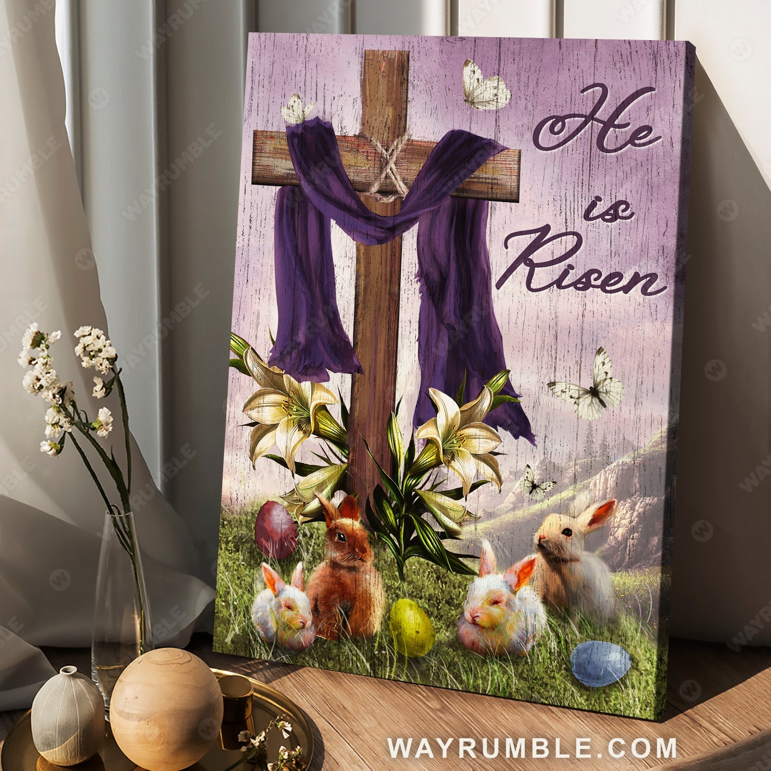 Easter Bunny, Cross symbol, Lily flower, White butterfly, He is risen - Jesus Portrait Canvas Prints, Christian Wall Art