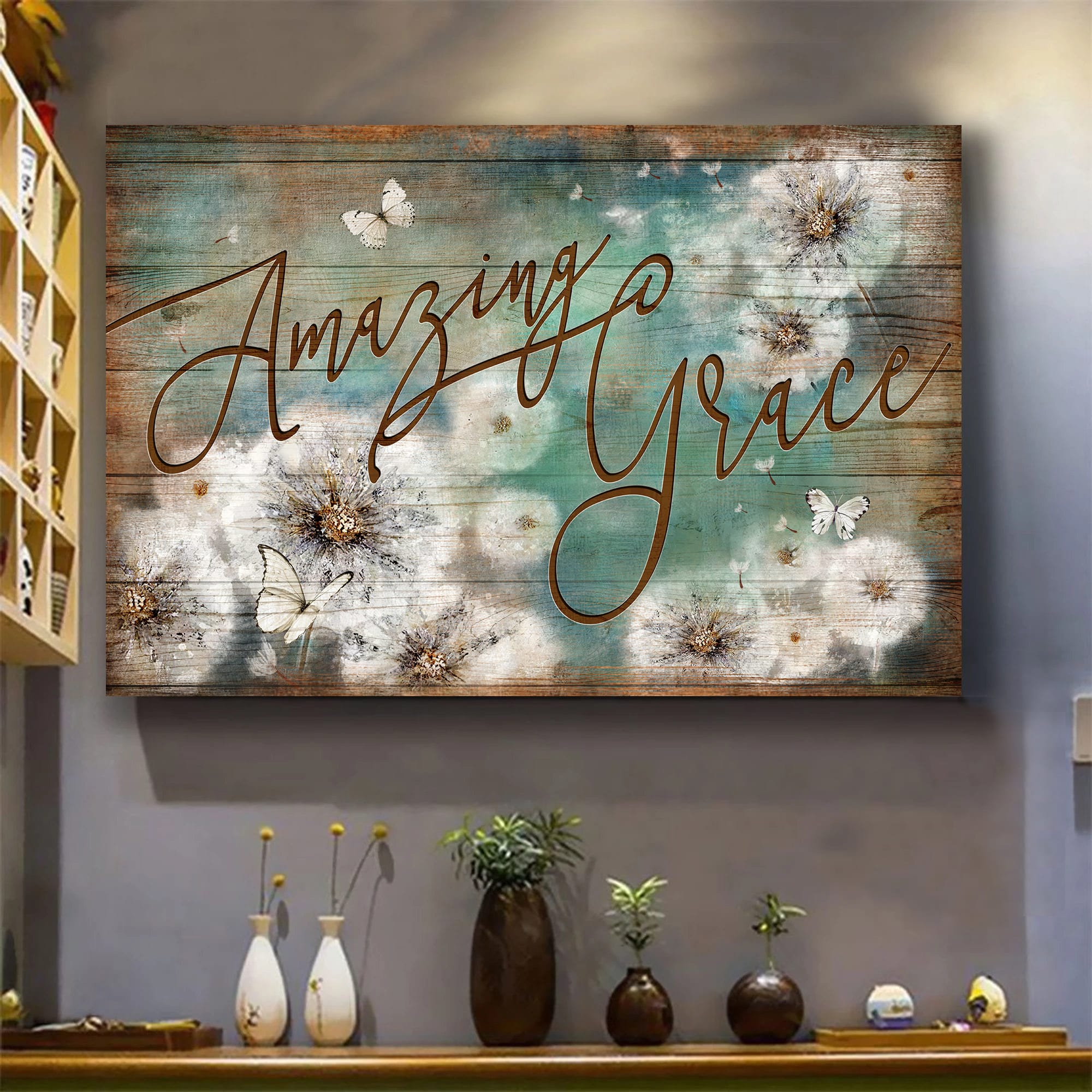 White butterfly, Dandelion field, Amazing grace - Jesus Landscape Canvas Prints, Wall Art
