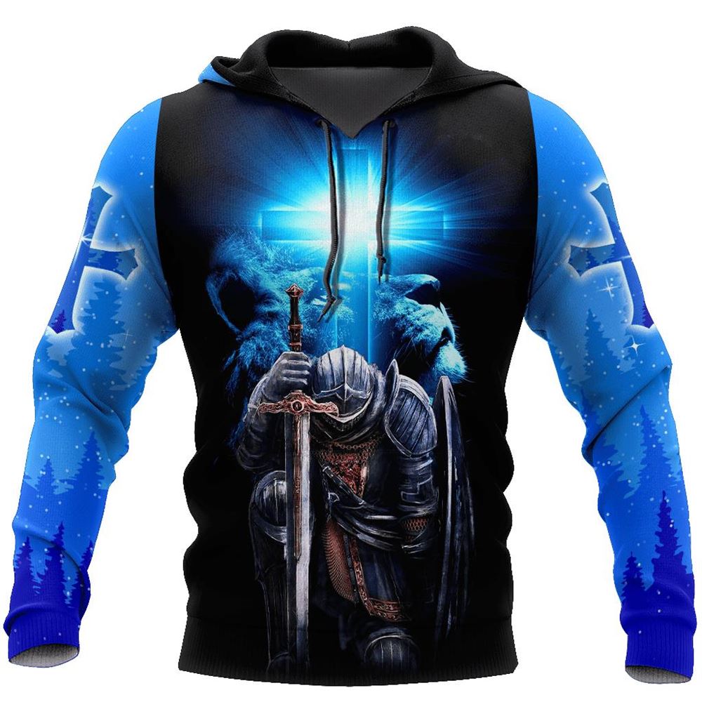 Jesus Christ Lion Blue Cross Child Of God Man Of Faith Warrior Of Christ God 3D Hoodie For Man And Women, Jesus Printed 3D Hoodie