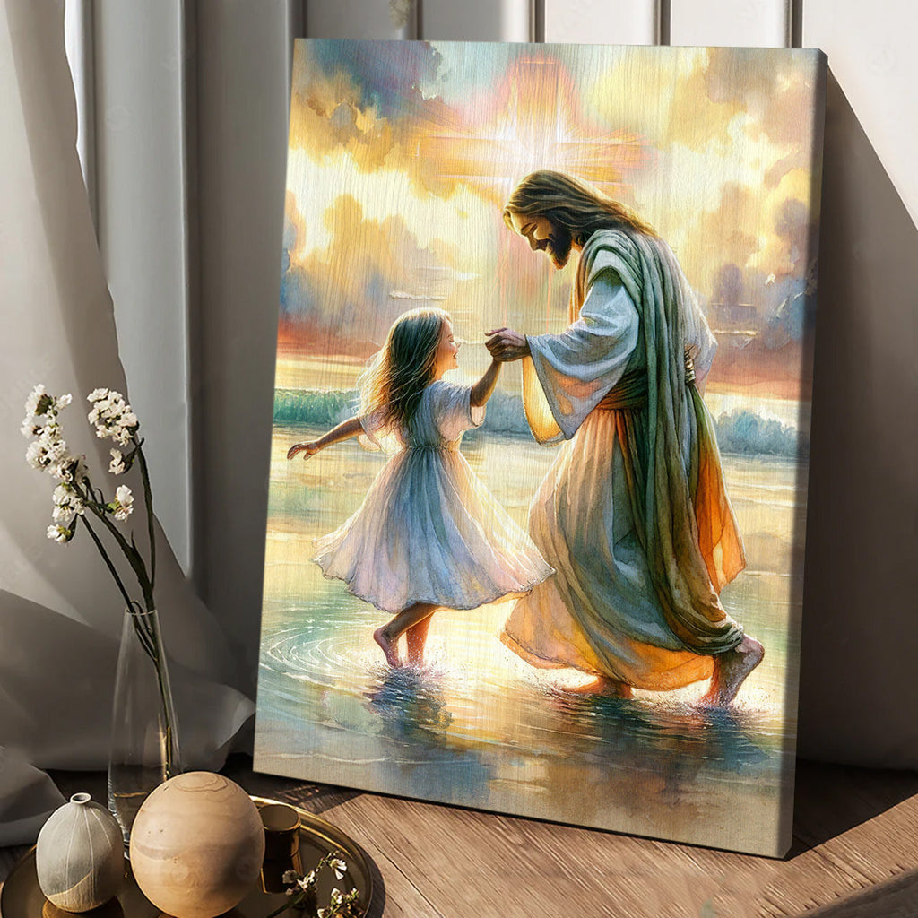 Jesus and Little Girl, Beautiful Colorful Sunset Portrait Canvas Prints, Wall Art
