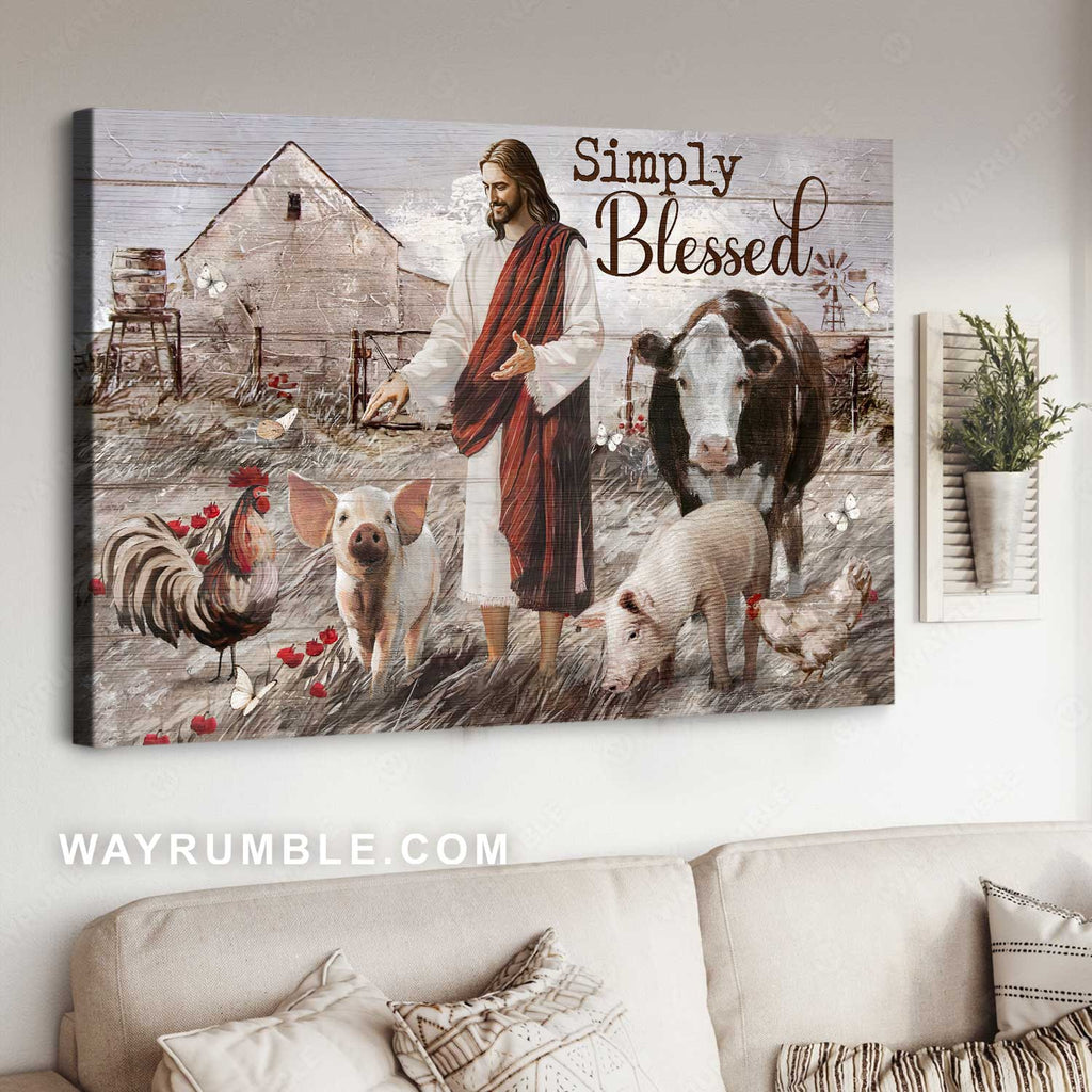 Watercolor farm painting, Happy Jesus, Red flower, Simply blessed - Jesus Landscape Canvas Prints, Home Decor Wall Art