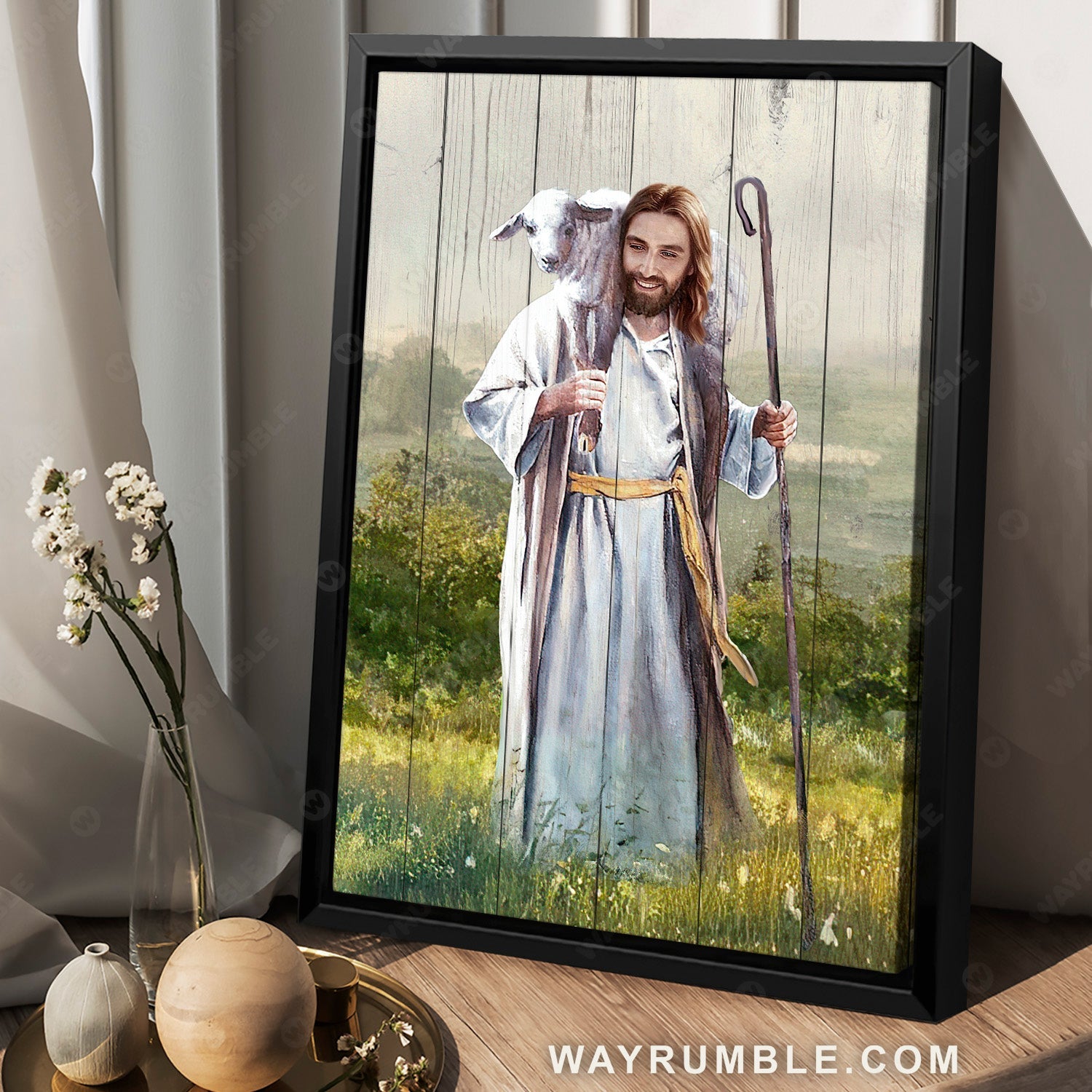 The life of Jesus, Green meadow, White lamb, Lamb of God - Jesus Portrait Canvas Prints, Home Decor Wall Art