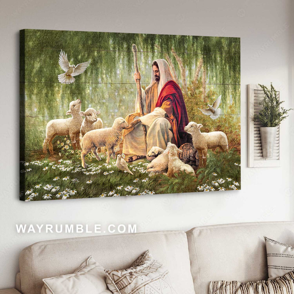 Magic forest, Daisy field, Lamb of God, Jesus artwork, The life of Jesus - Jesus Landscape Canvas Prints, Home Decor Wall Art