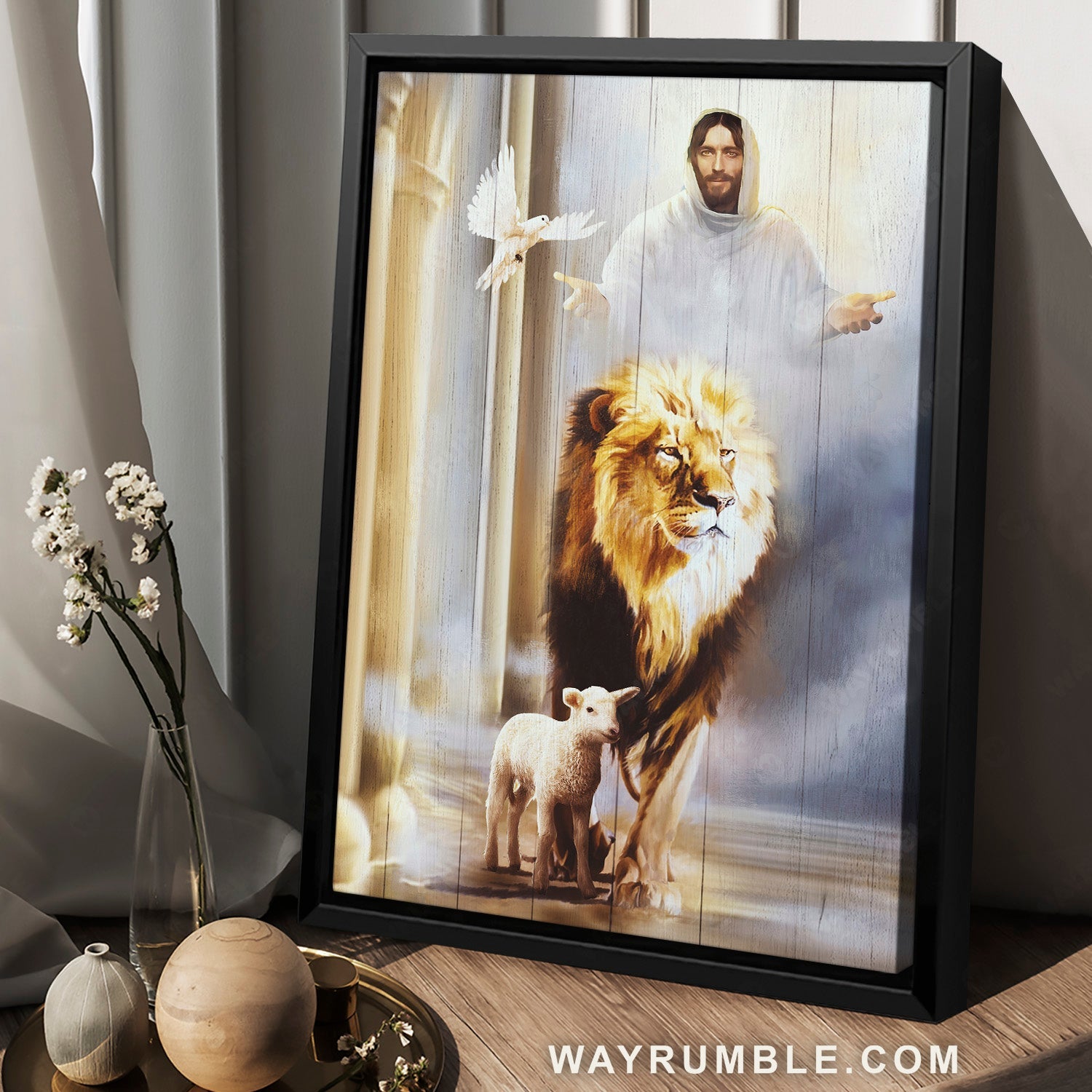 The world of Jesus, Stunning lion, Little lamb of God, White dove - Jesus Portrait Canvas Prints, Home Decor Wall Art
