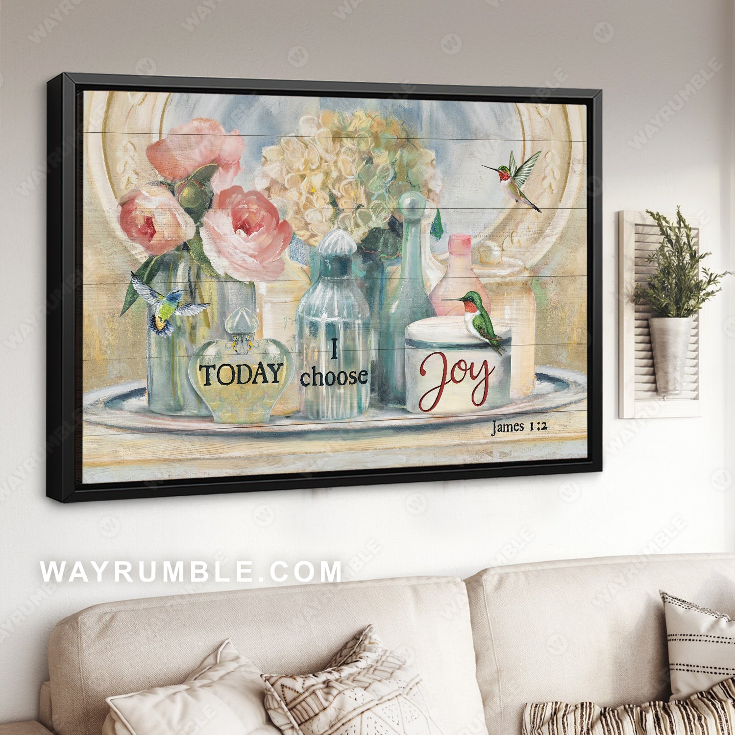 Pastel rose, White hydrangea, Little hummingbird, Today I choose joy - Jesus Landscape Canvas Prints, Home Decor Wall Art