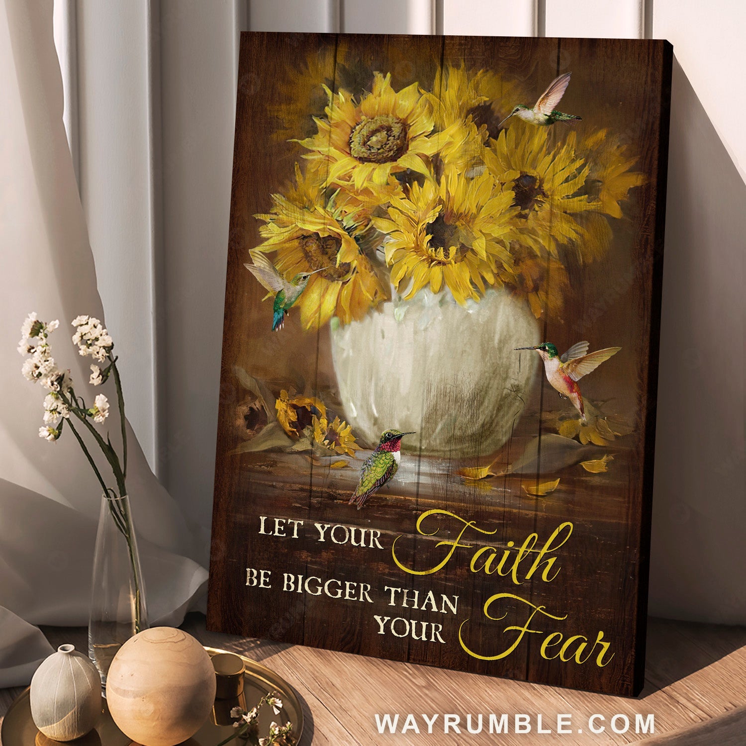 Vintage sunflower, Lovely hummingbird, Let your faith be bigger than your fear - Jesus Portrait Canvas Prints, Home Decor Wall Art