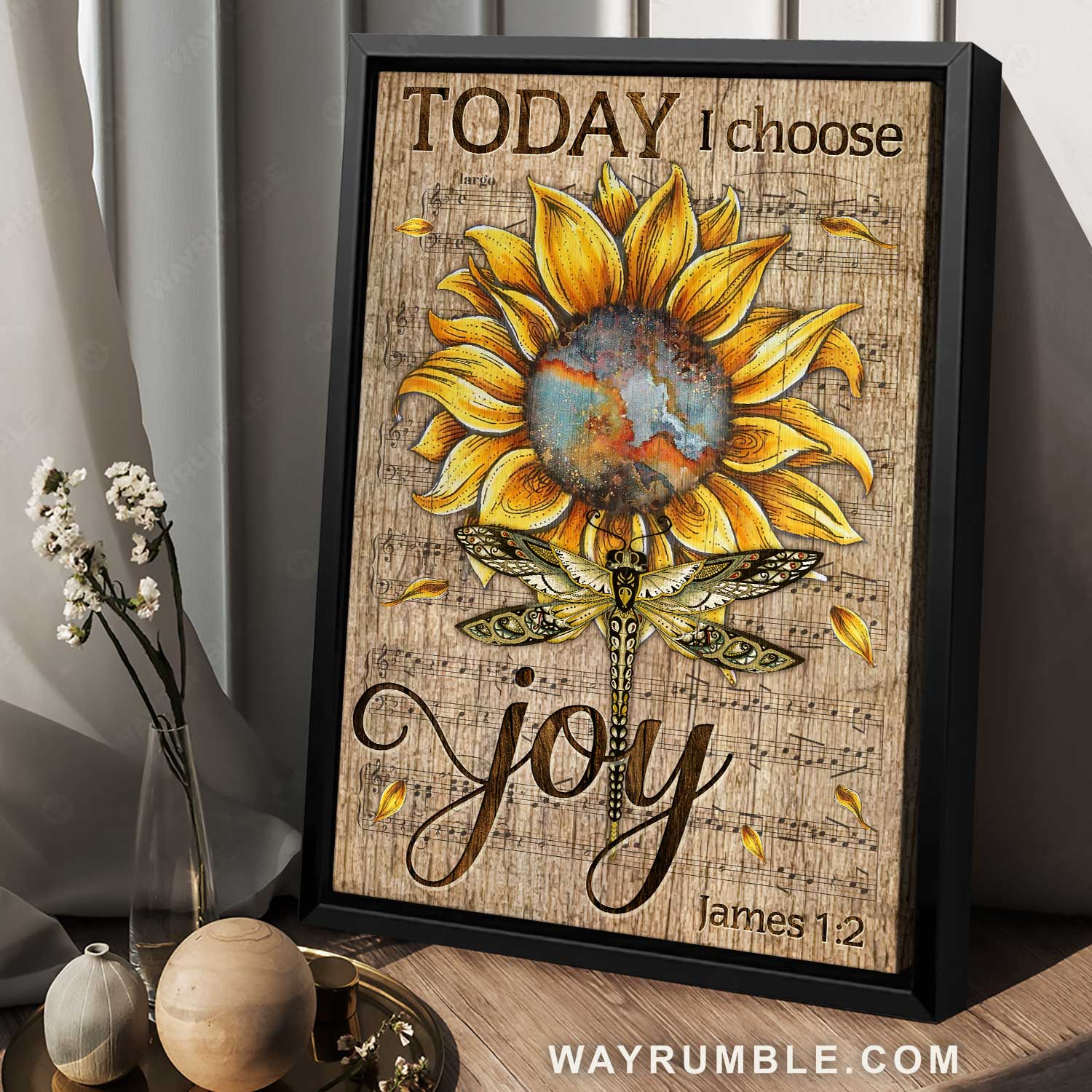 Vintage sunflower, Pretty dragonfly, Music sheet, Today I choose joy - Jesus Portrait Canvas Prints, Home Decor Wall Art