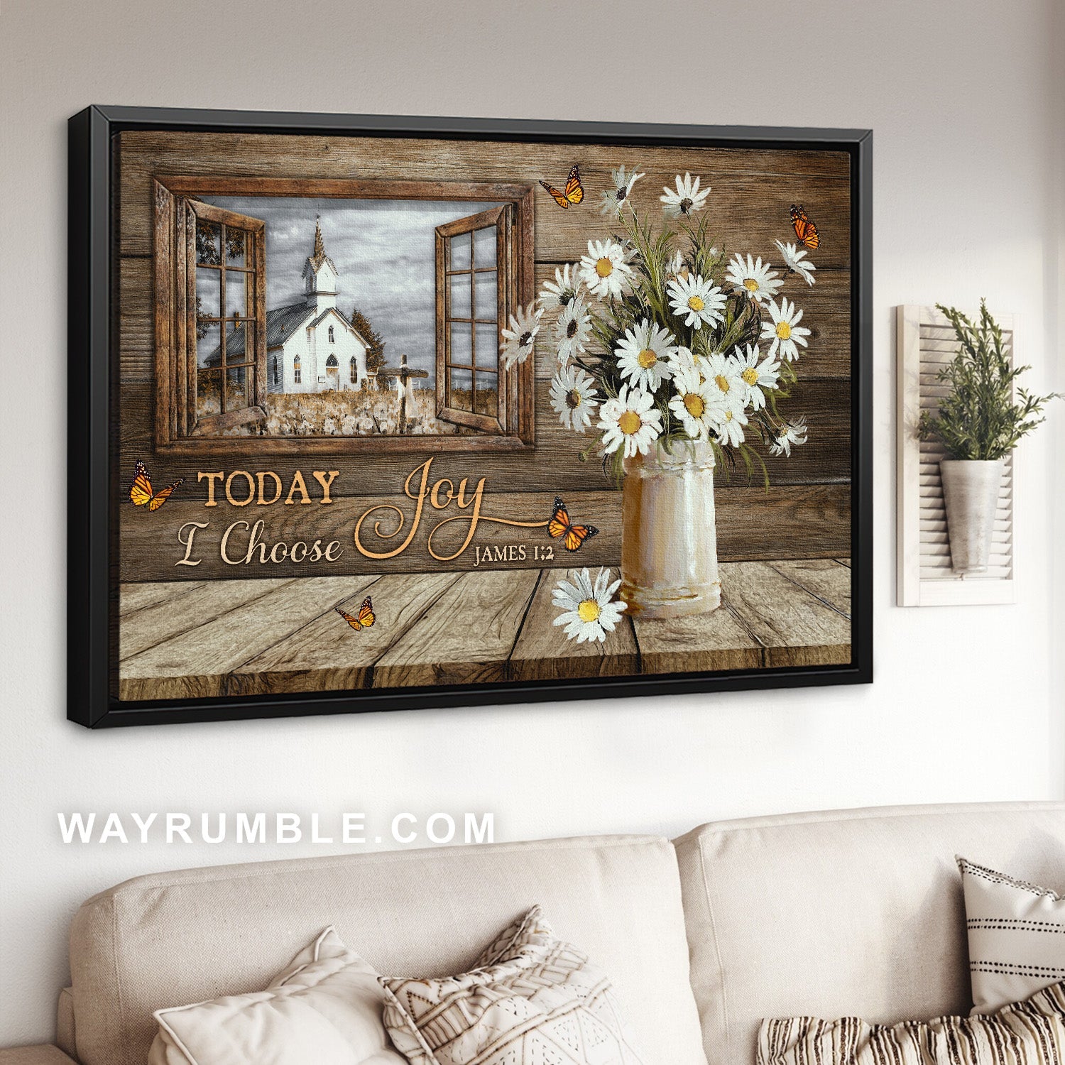 Vintage drawing, Daisy vase, Beautiful church, Today I choose joy - Jesus Landscape Canvas Prints, Home Decor Wall Art