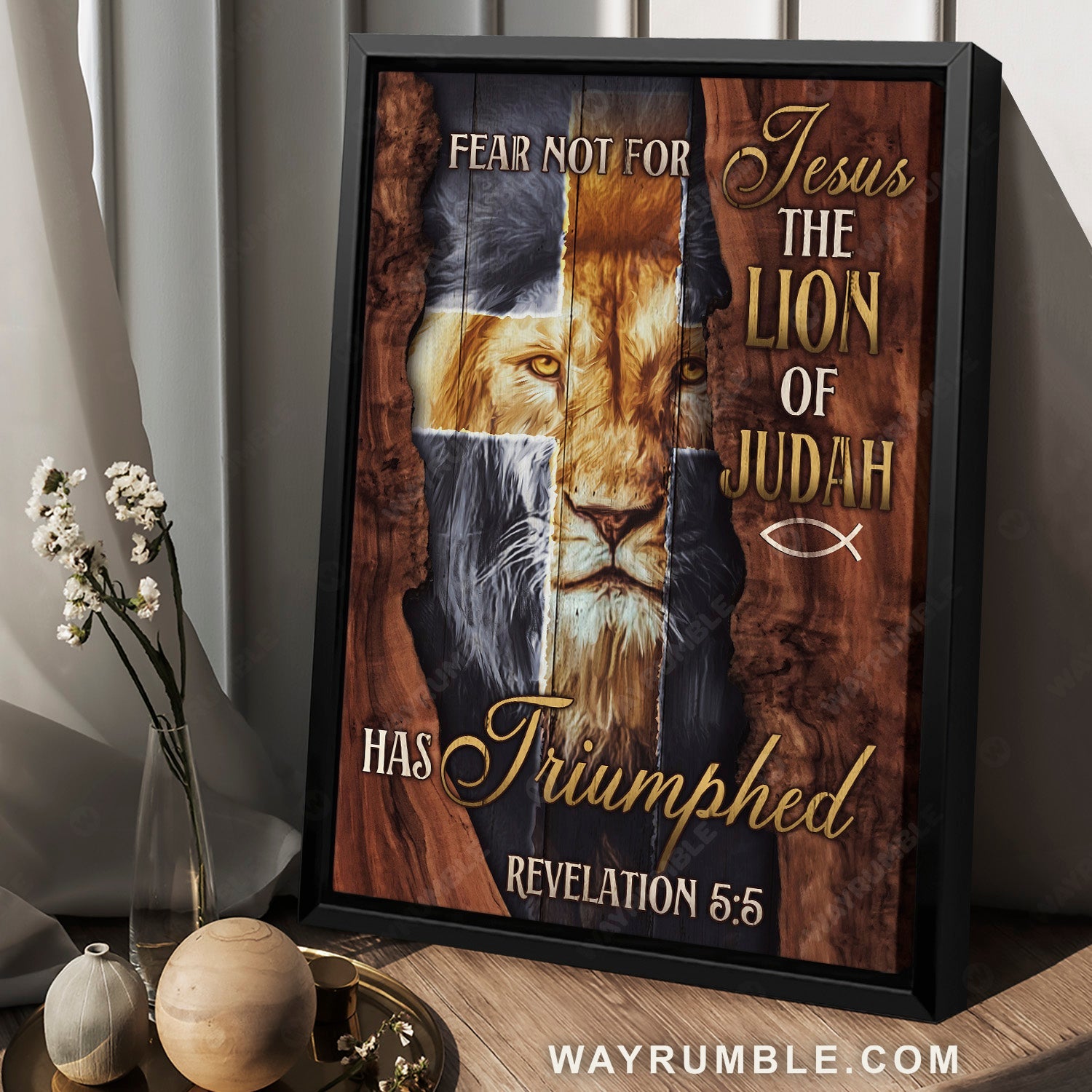 Stunning lion, Wooden frame, Pretty cross, Fear not for Jesus - Jesus Portrait Canvas Prints, Home Decor Wall Art