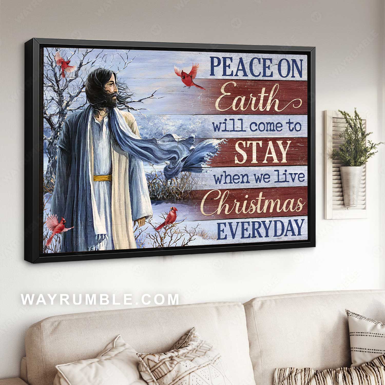 Watercolor Jesus painting, Red cardinal, Peace on earth will come to stay - Jesus Landscape Canvas Prints, Home Decor Wall Art