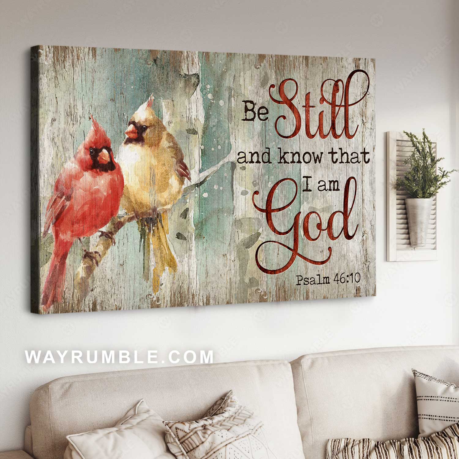 Watercolor cardinal, Vintage artwork, Be still and know that I am God - Jesus Landscape Canvas Prints, Home Decor Wall Art