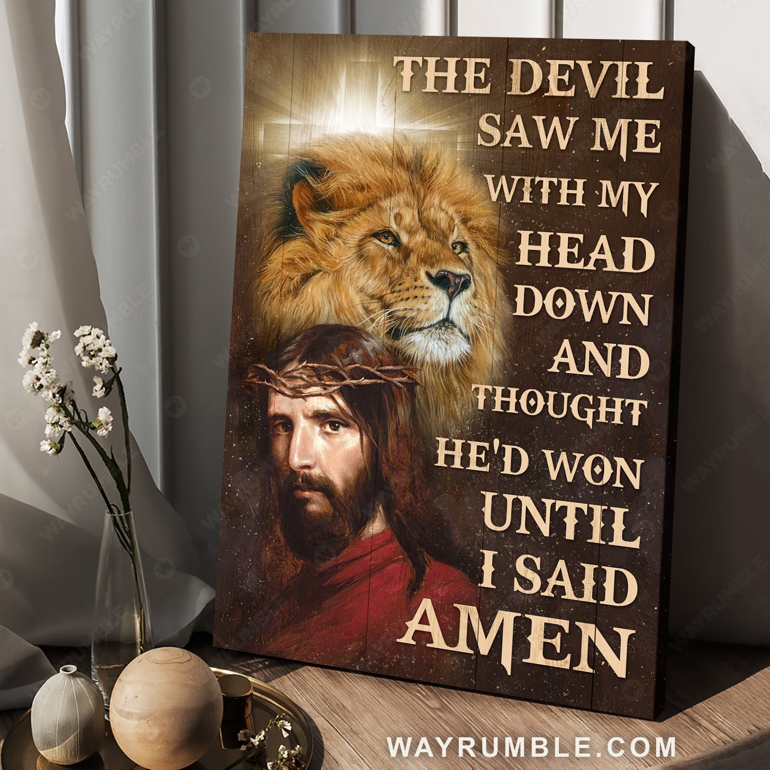 Beautiful lion face, Unique Jesus painting, The devil saw me with my head down - Jesus Portrait Canvas Prints, Home Decor Wall Art