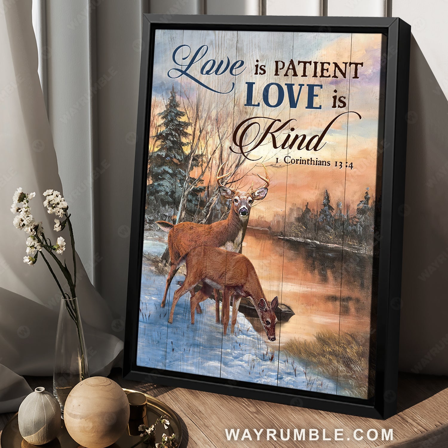 Brown deer, Orange sunset, Pretty forest, Love is patient, Love is kind - Jesus Portrait Canvas Prints, Home Decor Wall Art