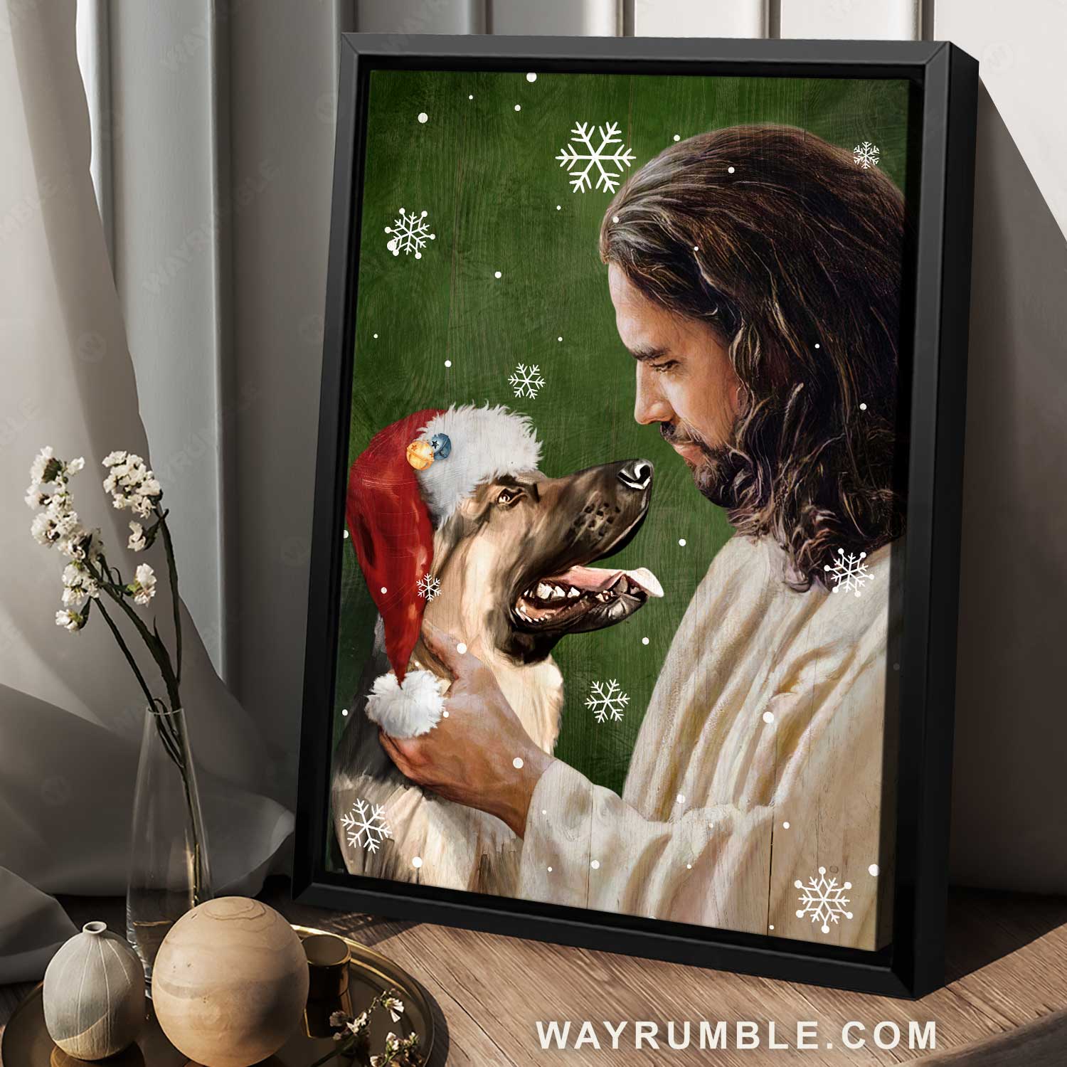 Jesus calls, Christmas hat, Watercolor German Shepherd, White snow - Jesus Portrait Canvas Prints, Home Decor Wall Art