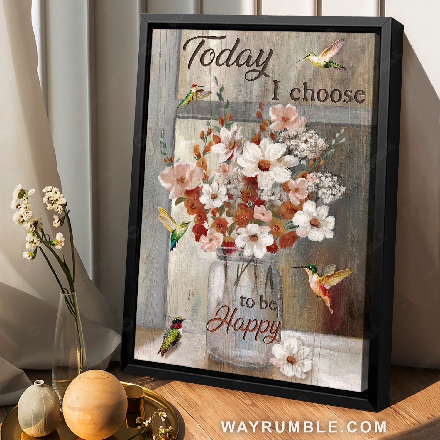 Colorful hummingbird, Light pink flower vase, Today I choose to be happy - Jesus Portrait Canvas Prints, Home Decor Wall Art
