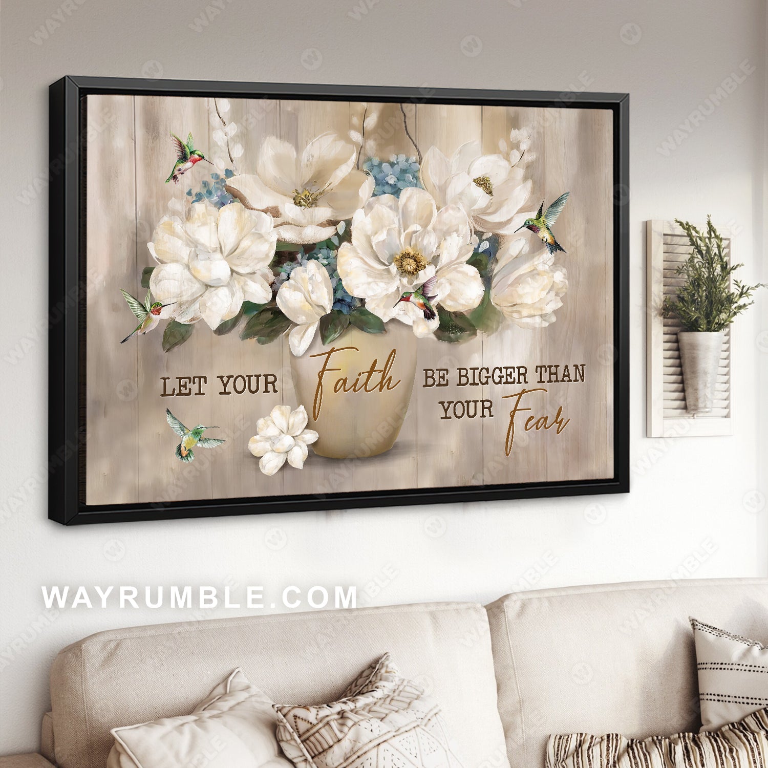 White flower, Pottery vase, Colorful hummingbird, Let your faith be bigger - Jesus Landscape Canvas Prints, Home Decor Wall Art