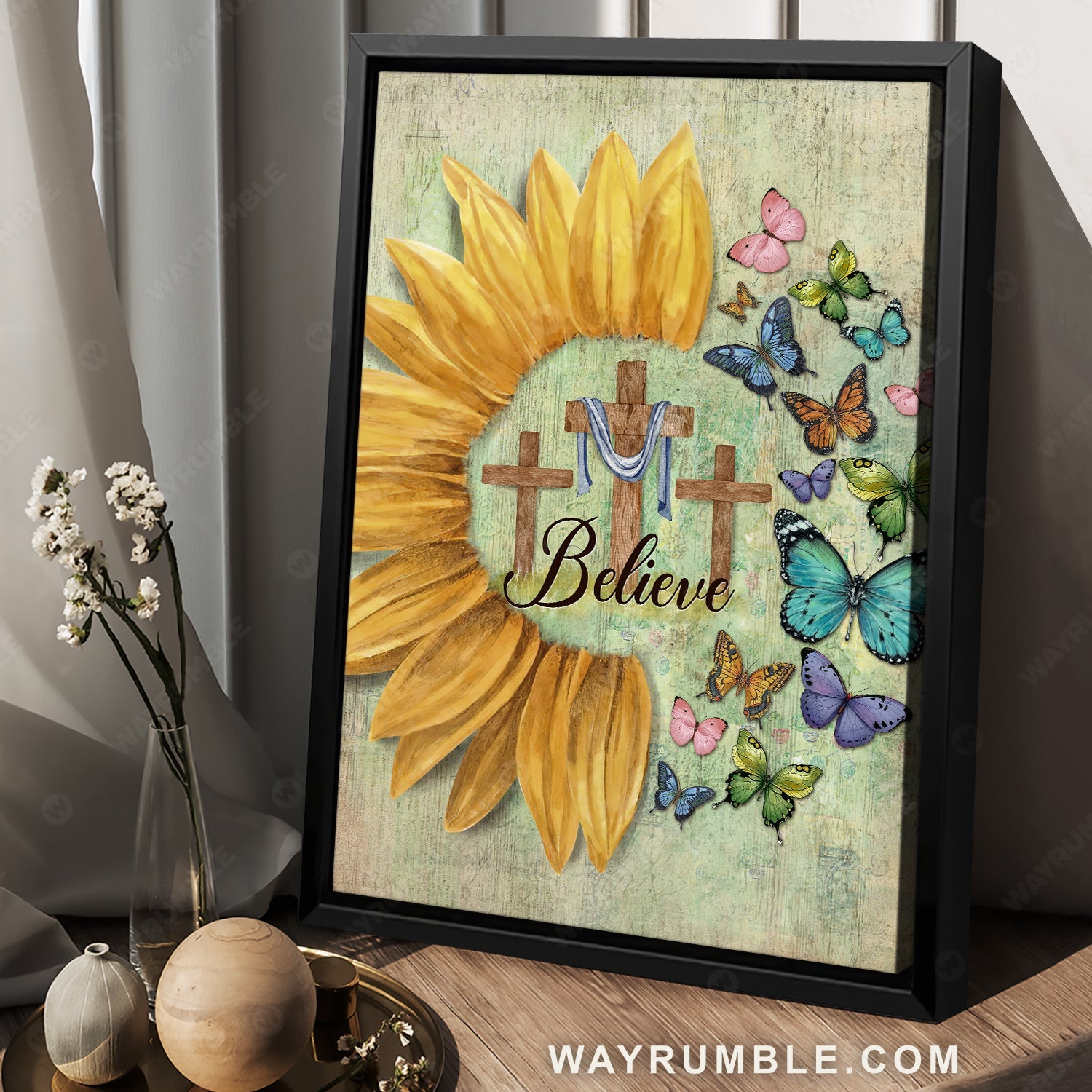 Colorful butterfly frame, Sunflower symbol, Wooden cross, Believe - Jesus Portrait Canvas Prints, Home Decor Wall Art