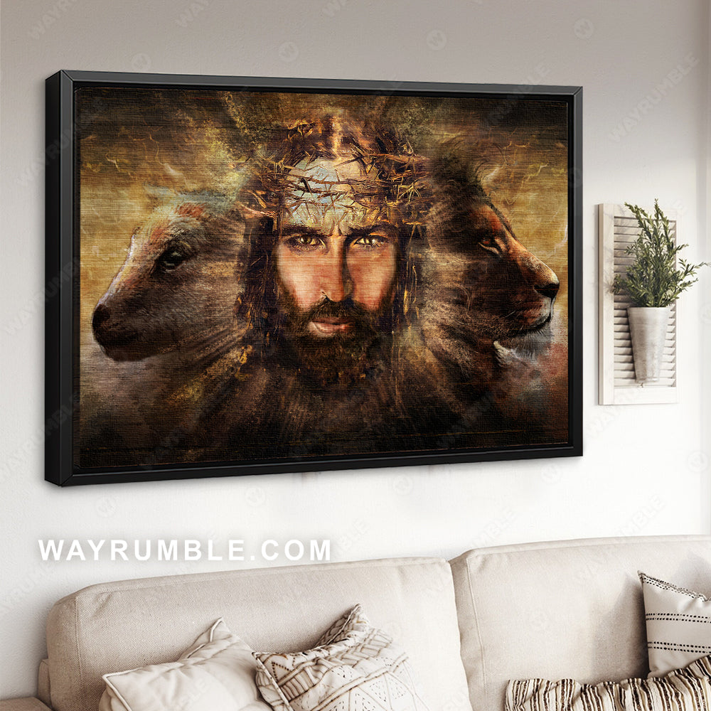Watercolor painting, Face to face, Stunning Jesus, Lion and lamb - Jesus Landscape Canvas Prints, Home Decor Wall Art