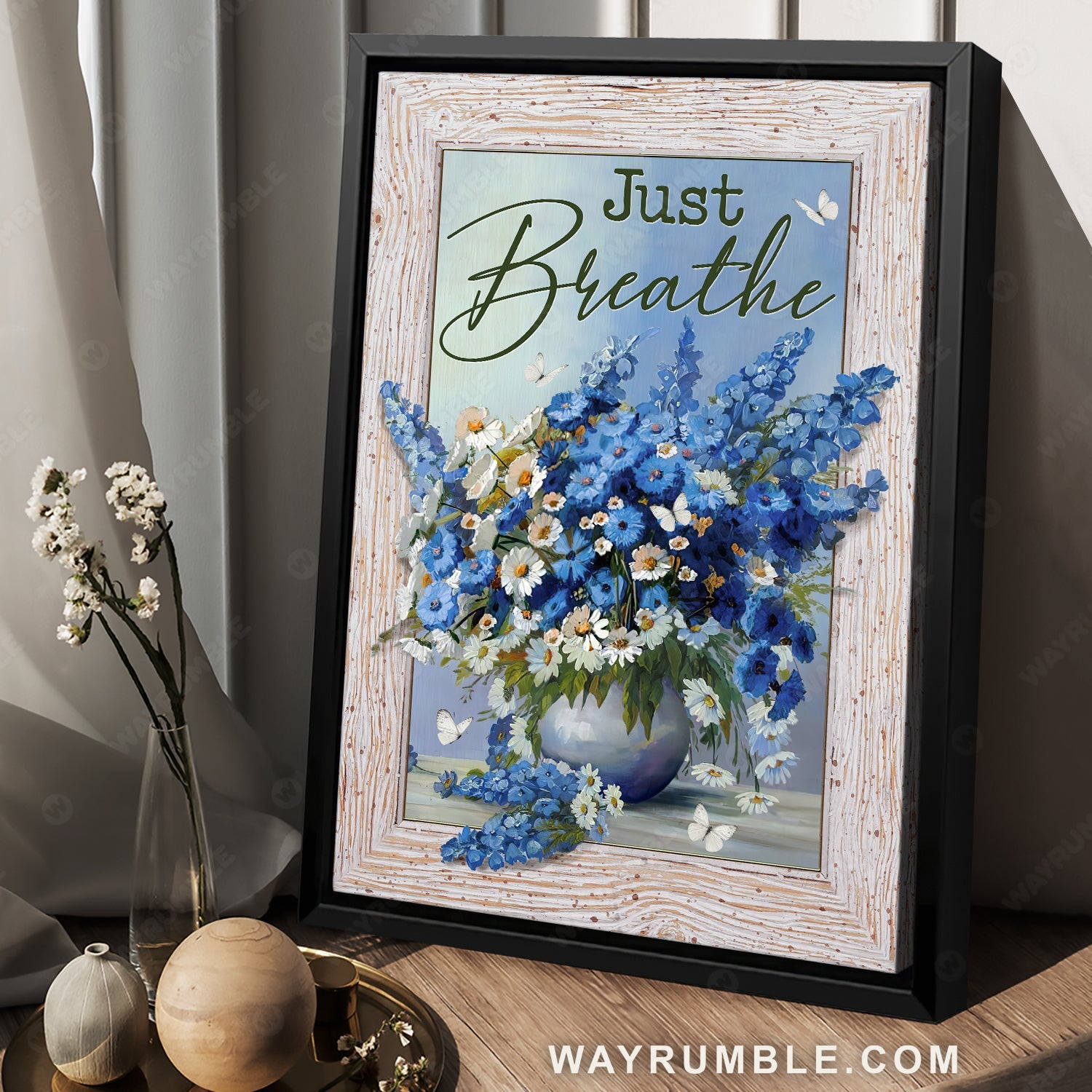 Brilliant baby flower, Blue flower vase, White butterfly, Just breathe - Jesus Portrait Canvas Prints, Home Decor Wall Art