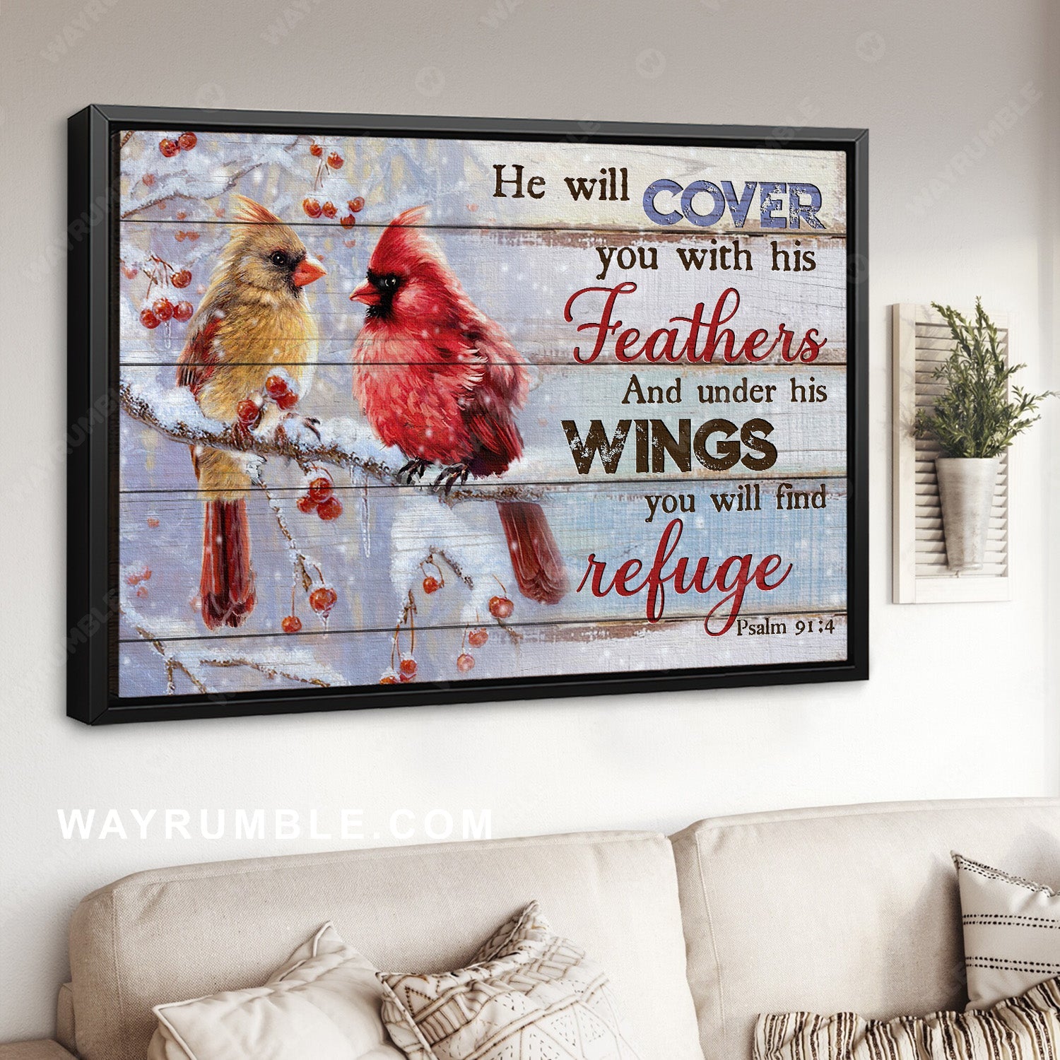 Big cardinal, Cranberry drawing, He will cover you with his feathers - Jesus Landscape Canvas Prints, Home Decor Wall Art