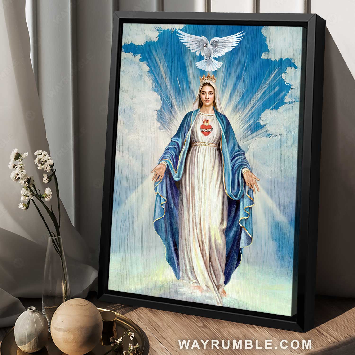 Stunning Maria painting, Blue heaven, White dove symbol - Jesus Portrait Canvas Prints, Home Decor Wall Art