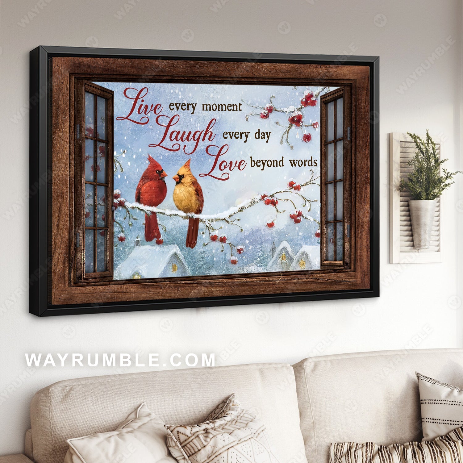 Winter forest, Lovely cardinal, Red cranberry, Live every moment - Jesus Landscape Canvas Prints, Home Decor Wall Art