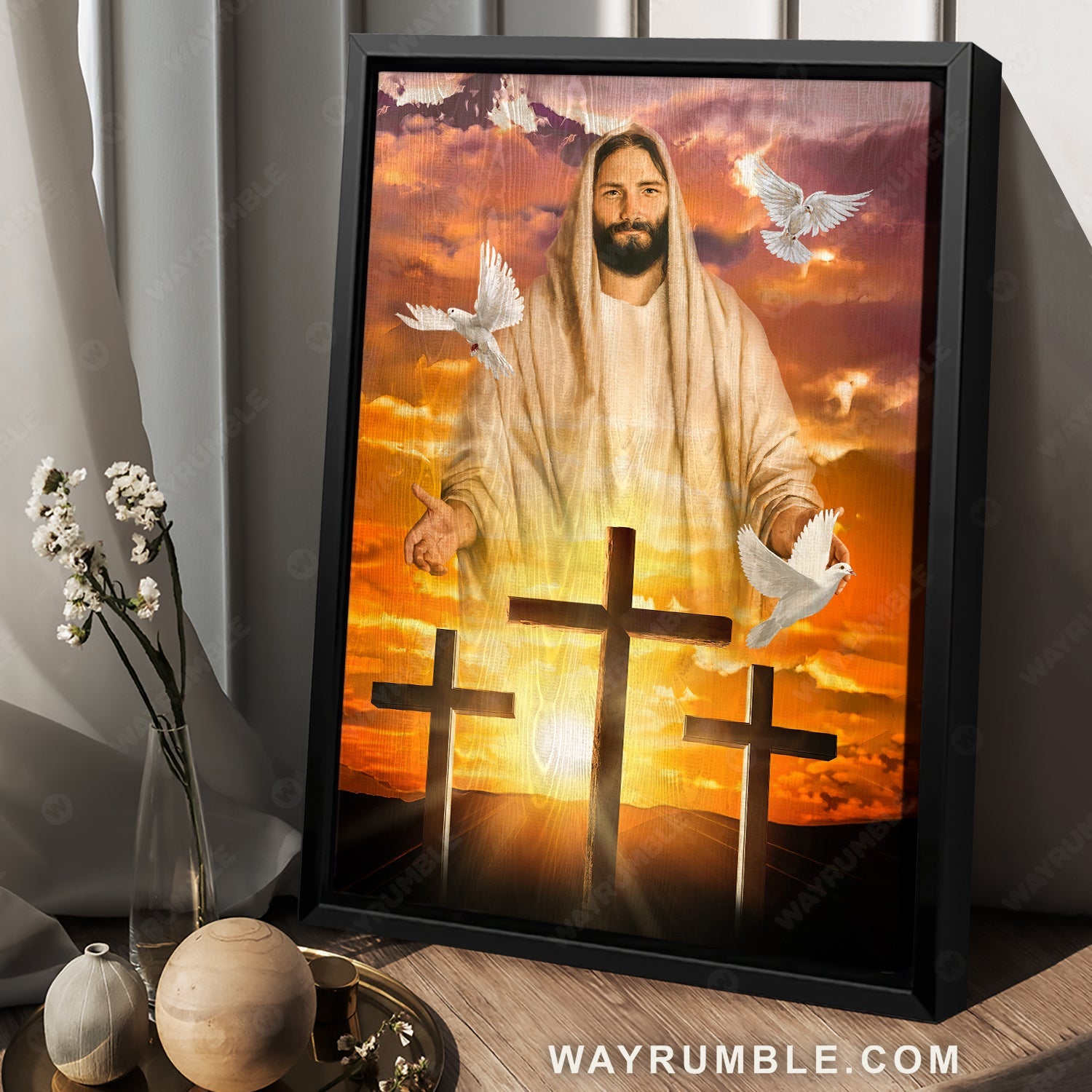 Orange sunset, Awesome Jesus painting, Lovely dove, Cross symbol - Jesus Portrait Canvas Prints, Home Decor Wall Art
