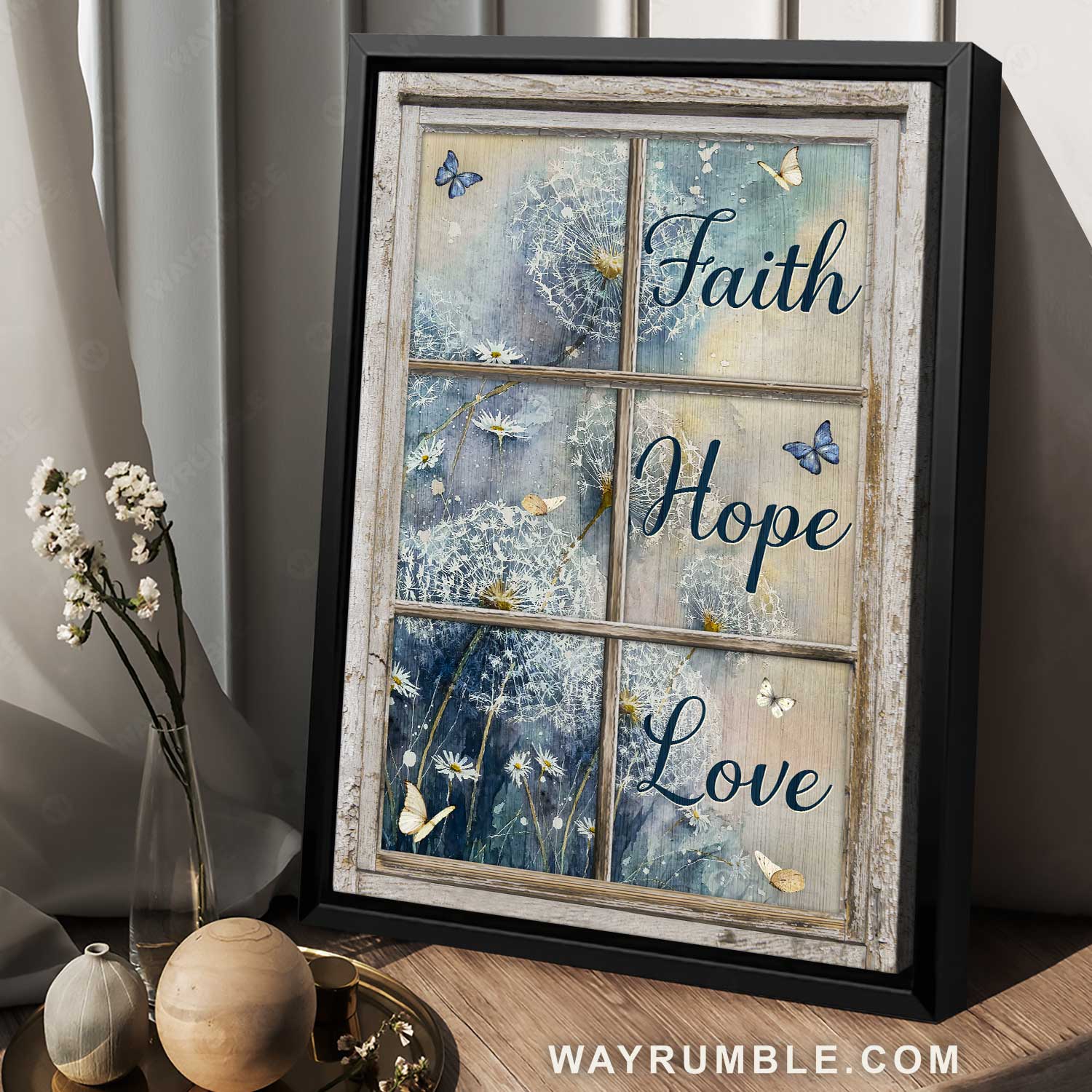 Blue garden, Pretty dandelion, Colorful butterfly, Faith, Hope, Love - Jesus Portrait Canvas Prints, Home Decor Wall Art