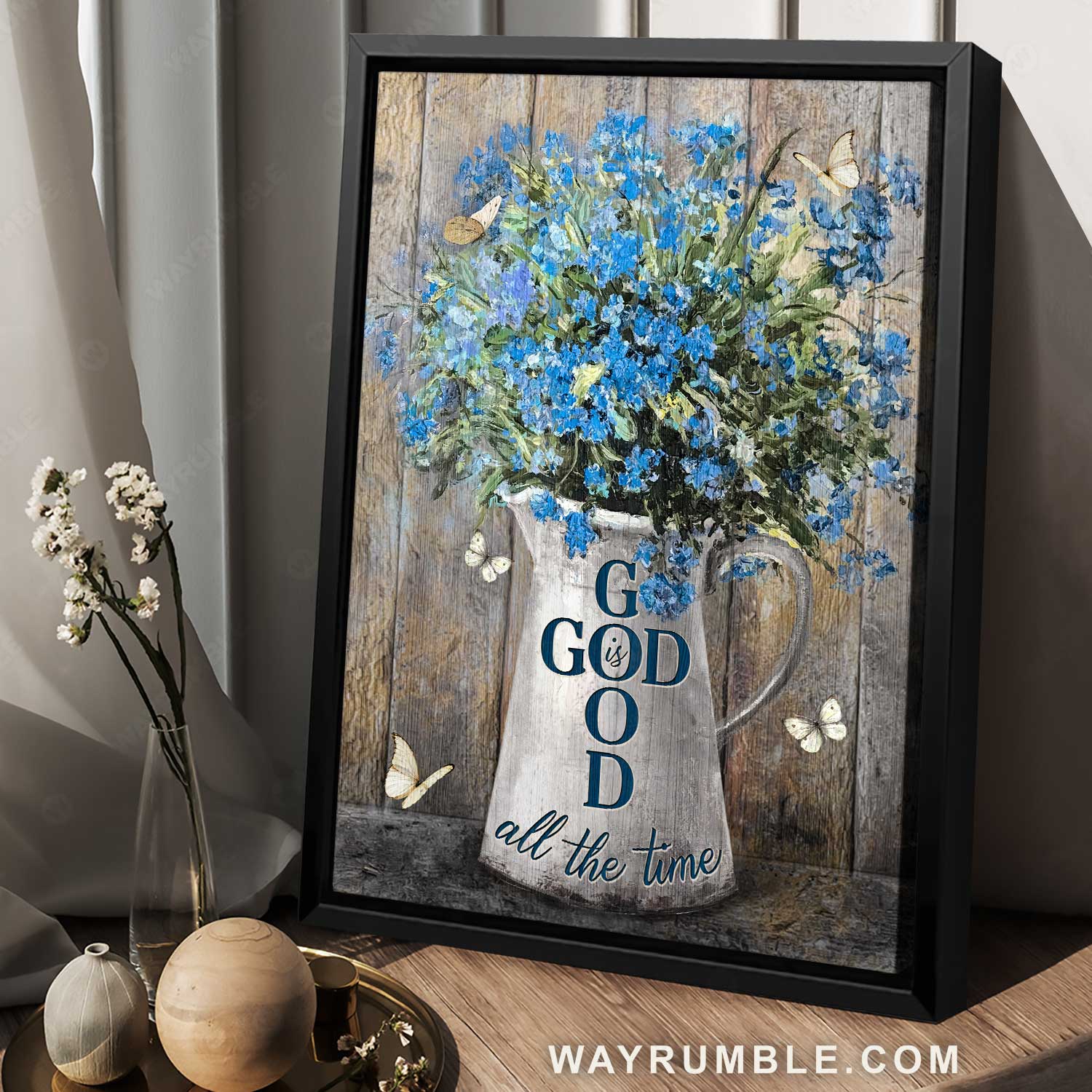 Pretty blue flower, Vintage vase, Butterfly, God is good all the time - Jesus Portrait Canvas Prints, Home Decor Wall Art