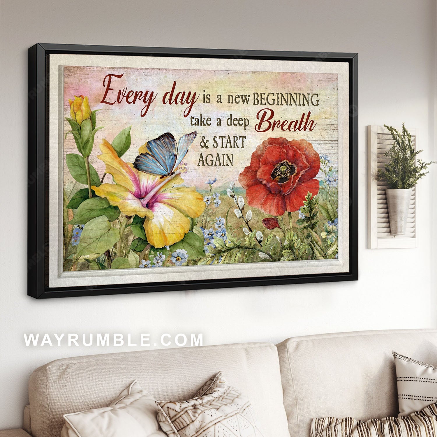 Beautiful poppy, Yellow flower, Blue butterfly, Every day is a new beginning - Jesus Landscape Canvas Prints, Home Decor Wall Art