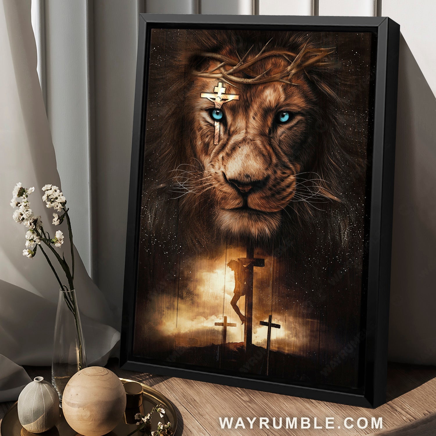 Amazing lion, Blue eyes, Jesus on the cross, Galaxy background - Jesus Portrait Canvas Prints, Home Decor Wall Art