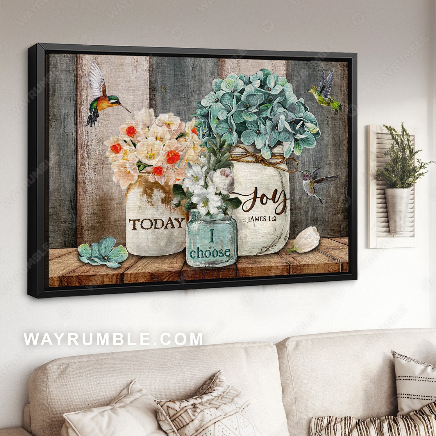 Blue hydrangea, Beautiful flower vase, Hummingbird, Today I choose joy - Jesus Landscape Canvas Prints, Christian Wall Art