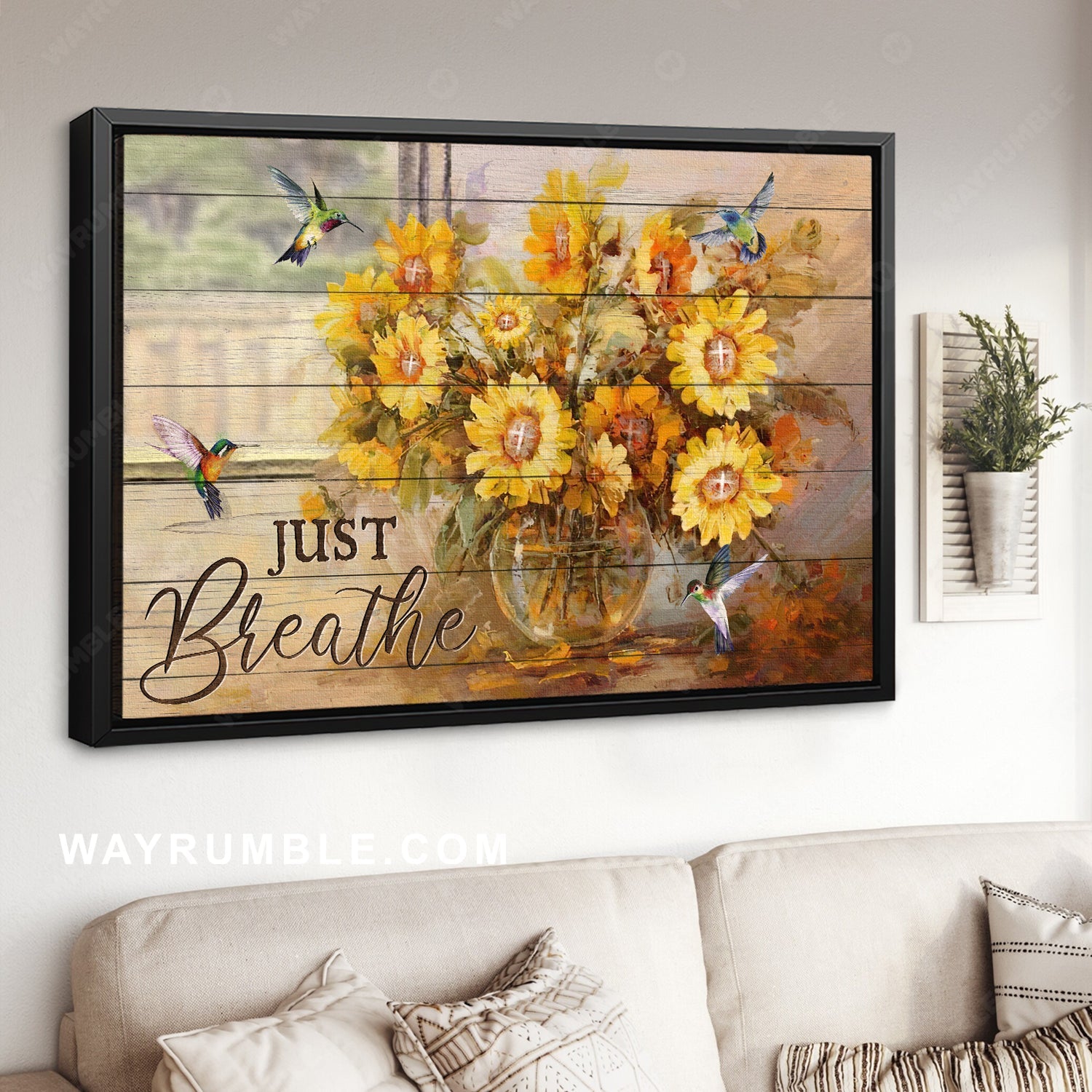 Pretty yellow flower, Unique hummingbird, Watercolor painting, Just breathe - Jesus Landscape Canvas Prints, Home Decor Wall Art