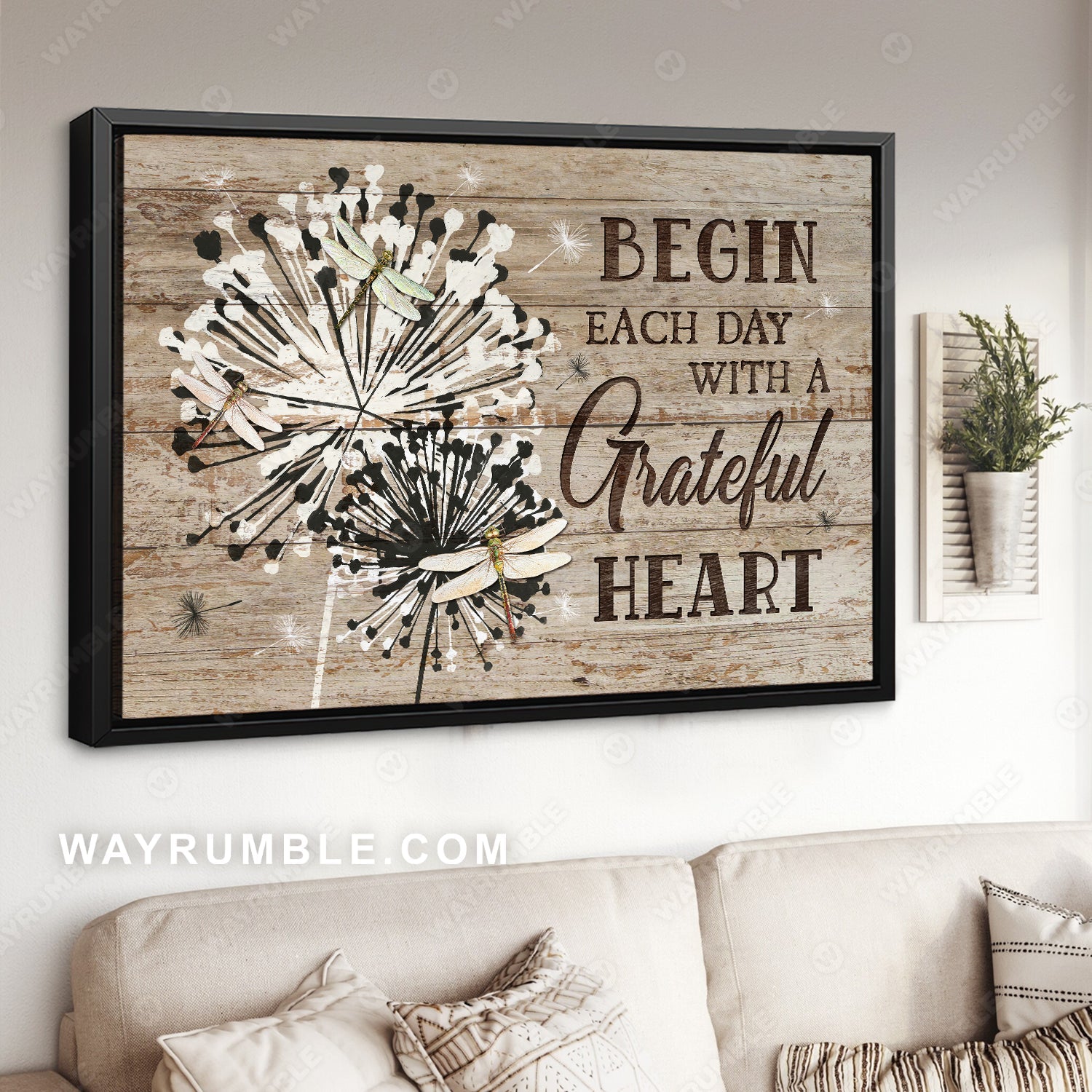 Watercolor dragonfly, Dandelion, Begin each day with a grateful heart - Jesus Landscape Canvas Prints, Home Decor Wall Art