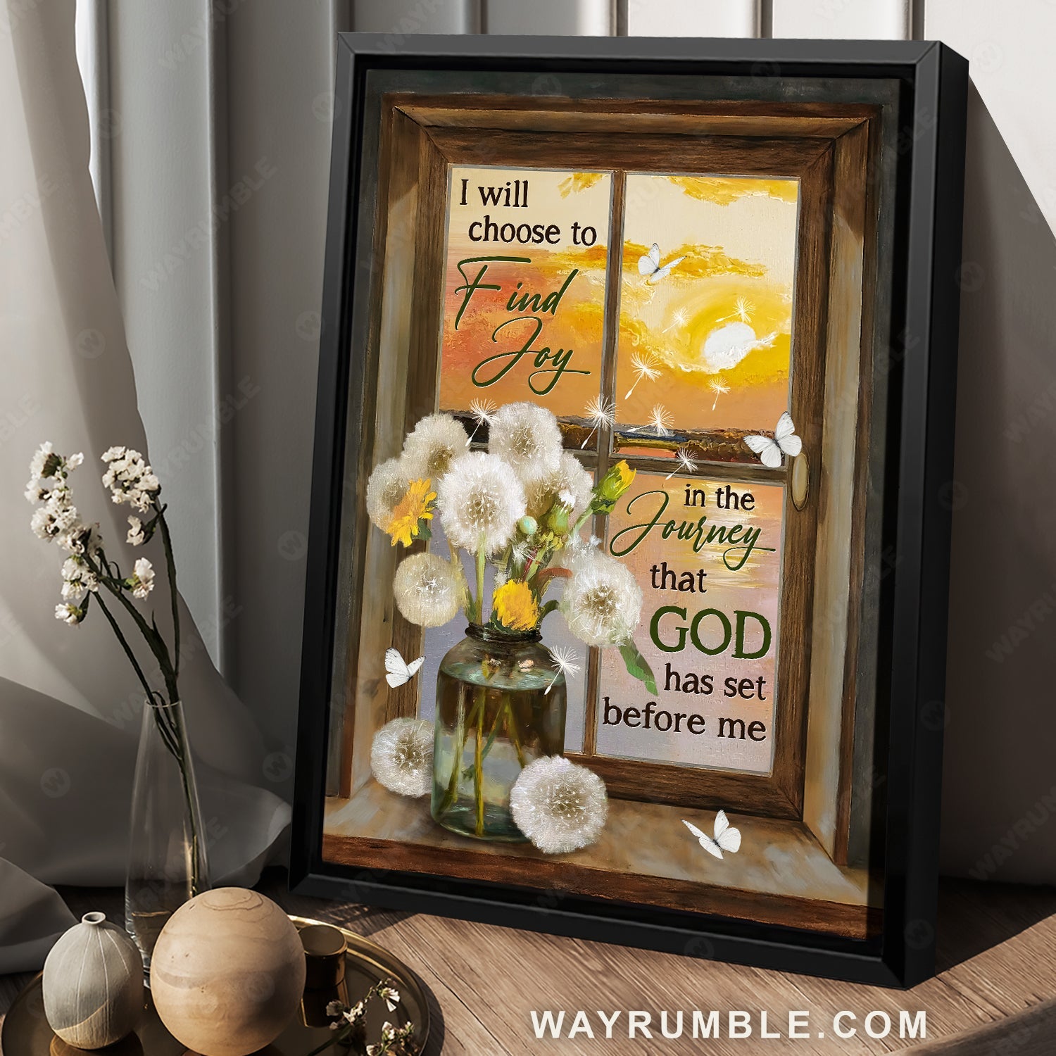 Dandelion vase, Orange sunset, White butterfly, I will choose to find joy - Jesus Portrait Canvas Prints, Home Decor Wall Art
