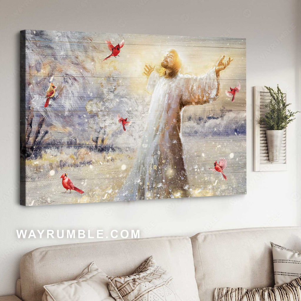 Magic forest, The passion of Jesus, Winter artwork, Red cardinal, Jesus drawing - Jesus Landscape Canvas Prints, Home Decor Wall Art