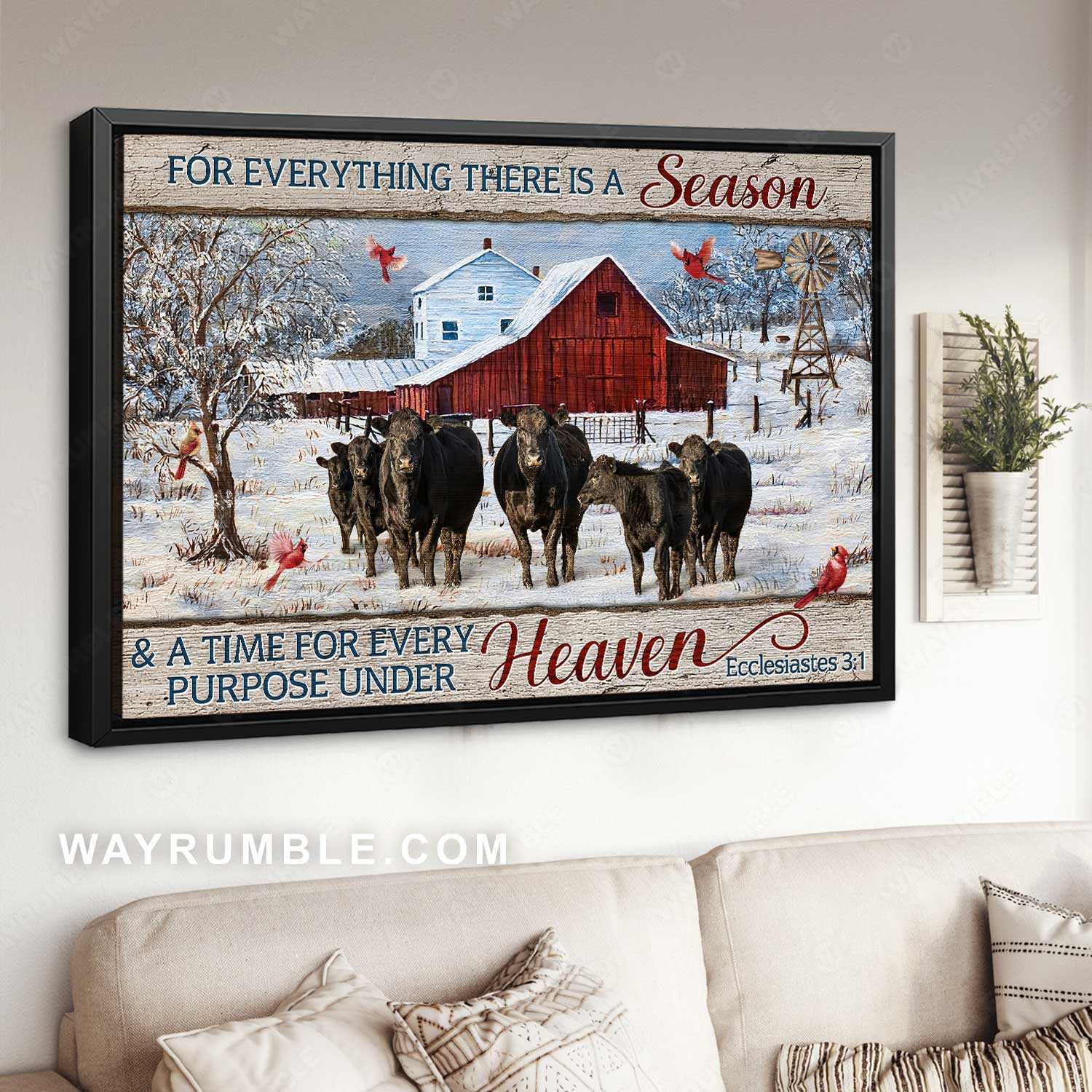 Black cow farm, Vintage house, Red cardinal, For everything there is a season - Jesus Landscape Canvas Prints, Home Decor Wall Art